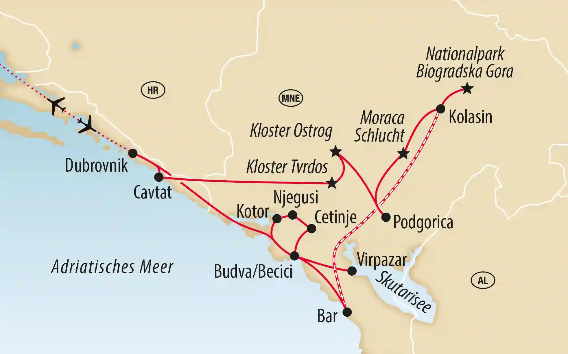 Übersichtskarte einer Rundreise an der Adriaküste von Dubrovnik über Cavtat, Kotor, Budva und Bar bis Podgorica, Kolašin und den Nationalpark Biogradska Gora in Montenegro; rote Linien markieren die Reiseroute, Punkte und Sterne kennzeichnen Orte und Sehenswürdigkeiten