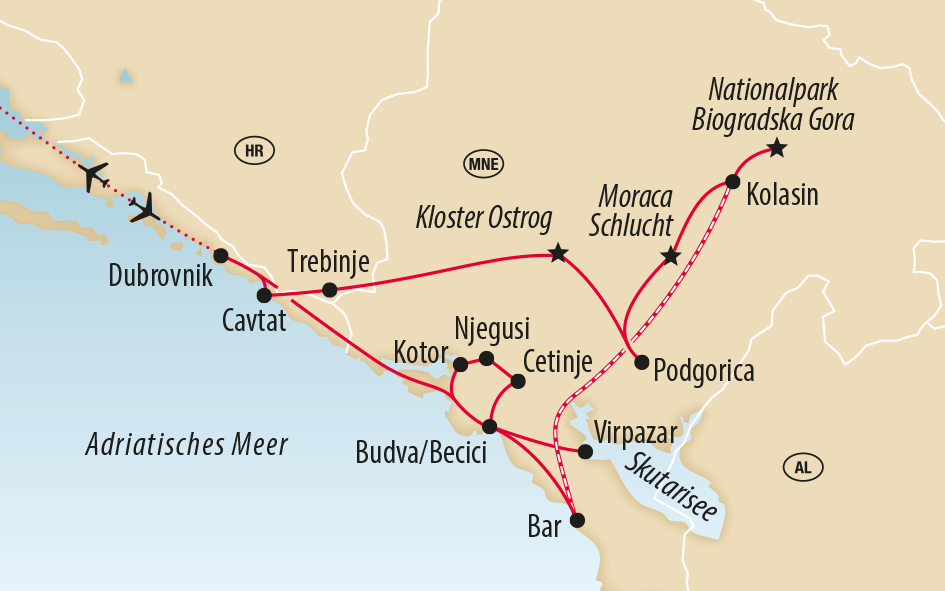 Übersichtskarte einer Rundreise an der Adriaküste von Dubrovnik über Cavtat, Kotor, Budva und Bar bis Podgorica, Kolašin und den Nationalpark Biogradska Gora in Montenegro; rote Linien markieren die Reiseroute, Punkte und Sterne kennzeichnen Orte und Sehenswürdigkeiten