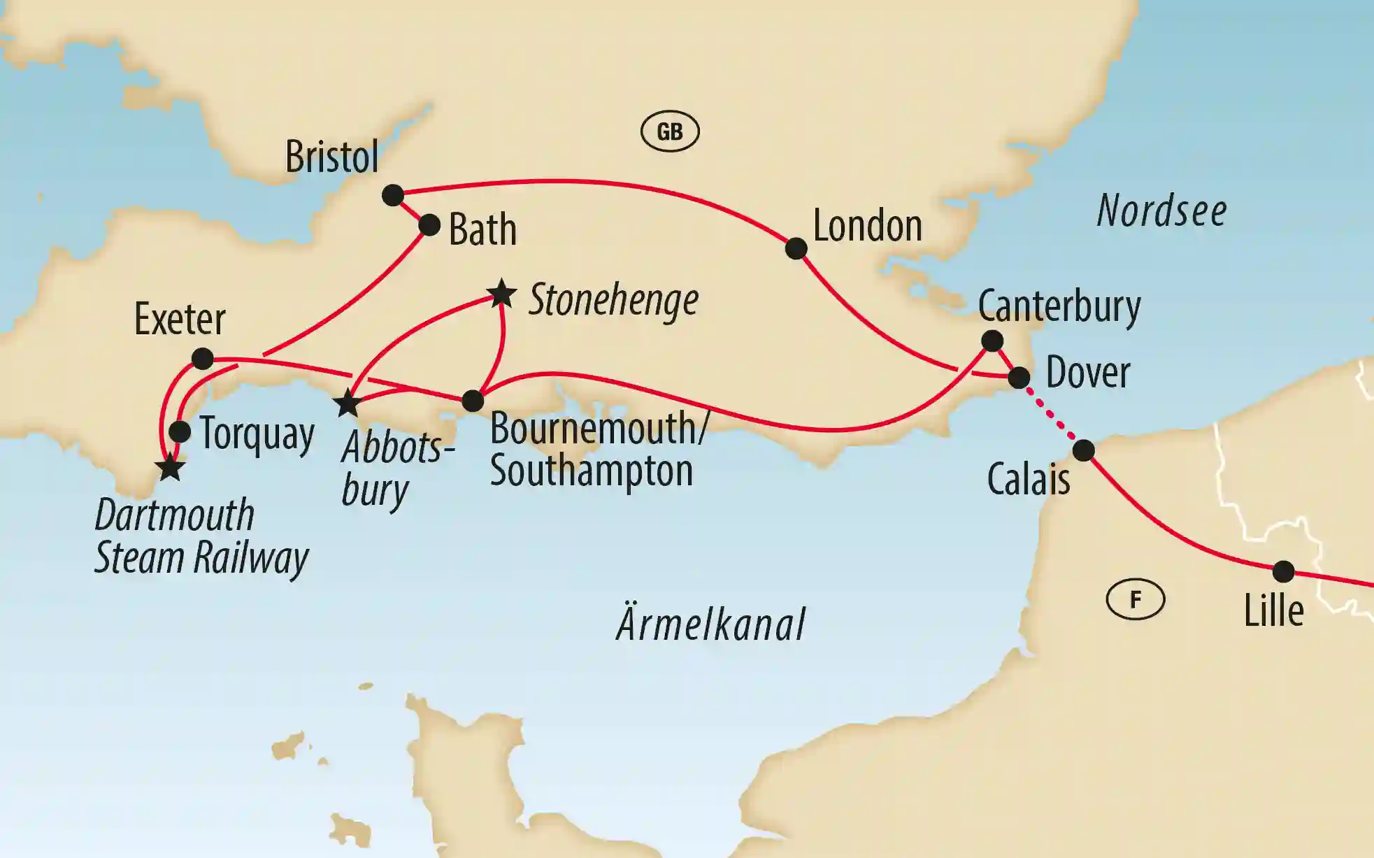Übersichtskarte von Grossbritannien und Irland mit eingezeichneter Reiseroute zwischen London Bath Bristol Irland und weiteren Stationen