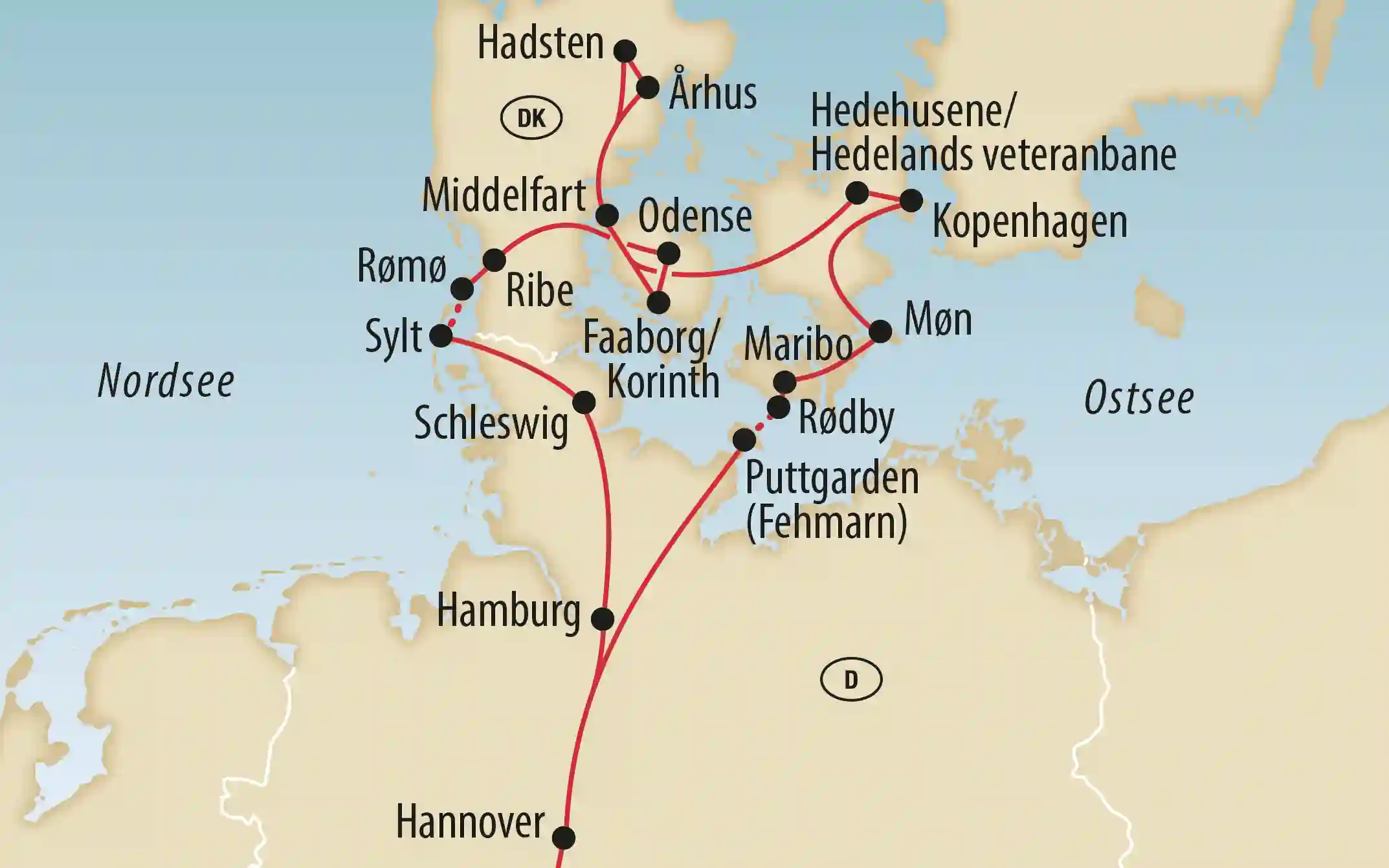 Übersichtskarte zeigt Reiseroute durch DÄnemark und Norddeutschland mit markierten Bahnstrecken und Städten