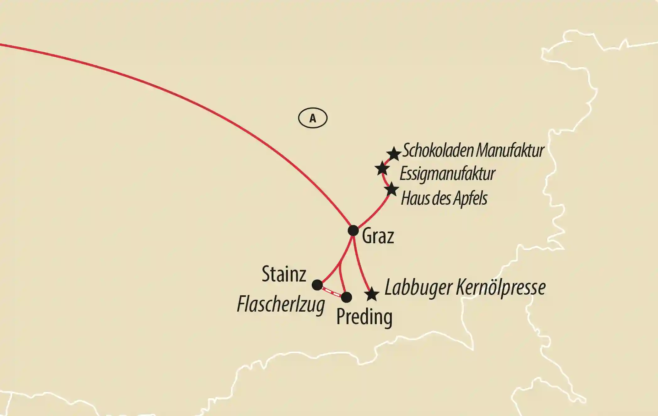 Schematische Karte der Region Graz mit markierten Manufakturen, Ausflugszielen und Bahnverbindungen