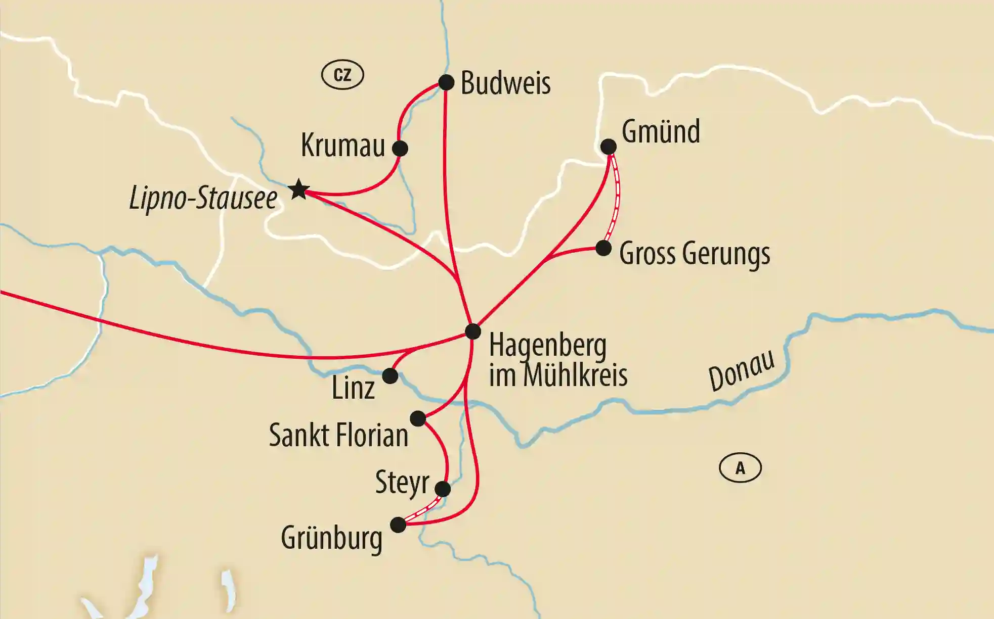 Übersichtskarte einer Rundreise mit roter Route und Stationen wie Linz, Krumau, Budweis und Gmünd