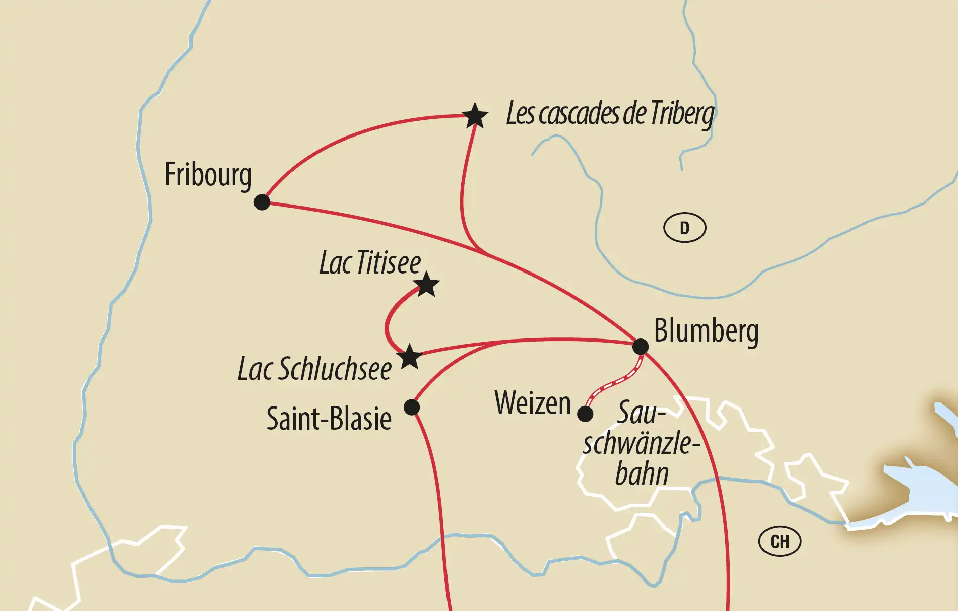 Carte d ensemble montrant un itineraire de voyage en Allemagne du sud et regions voisines avec plusieurs etapes