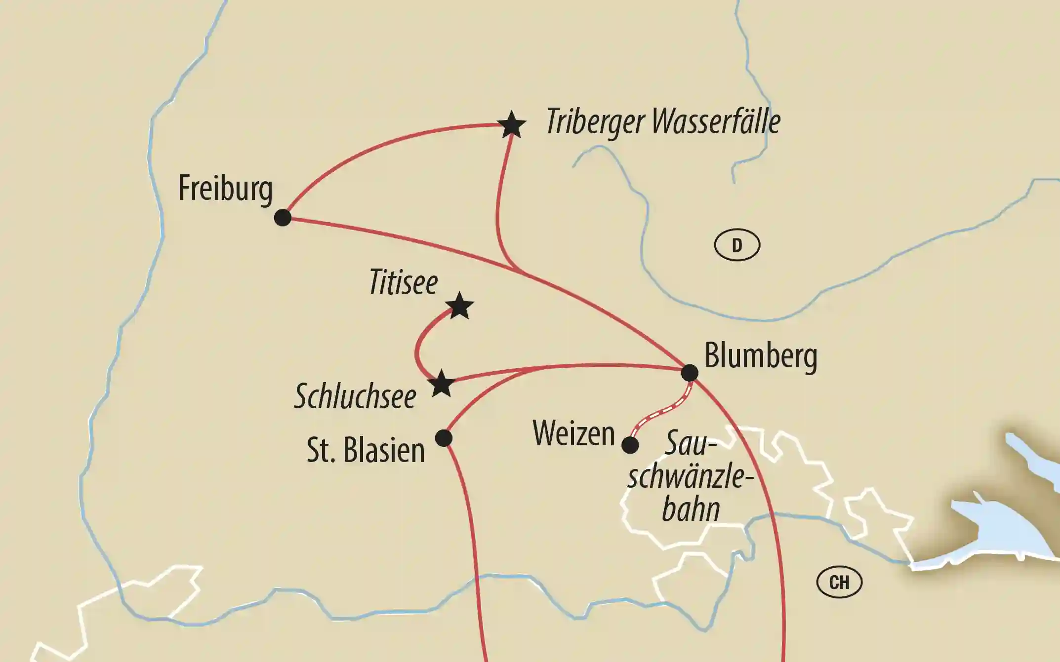 Übersichtskarte mit markierter Reiseroute durch Süddeutschland und angrenzende Regionen mit mehreren Stationen