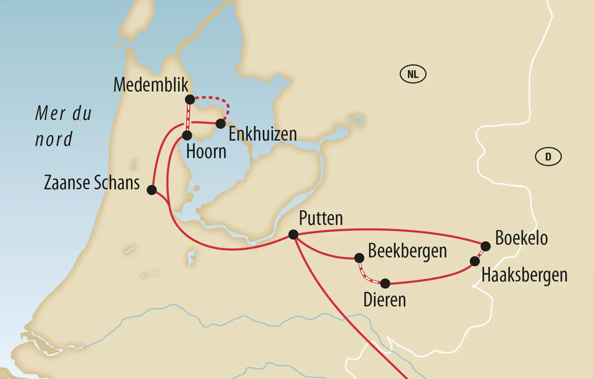 Carte de l'itineraire de voyage aux Pays Bas avec villes indiquees