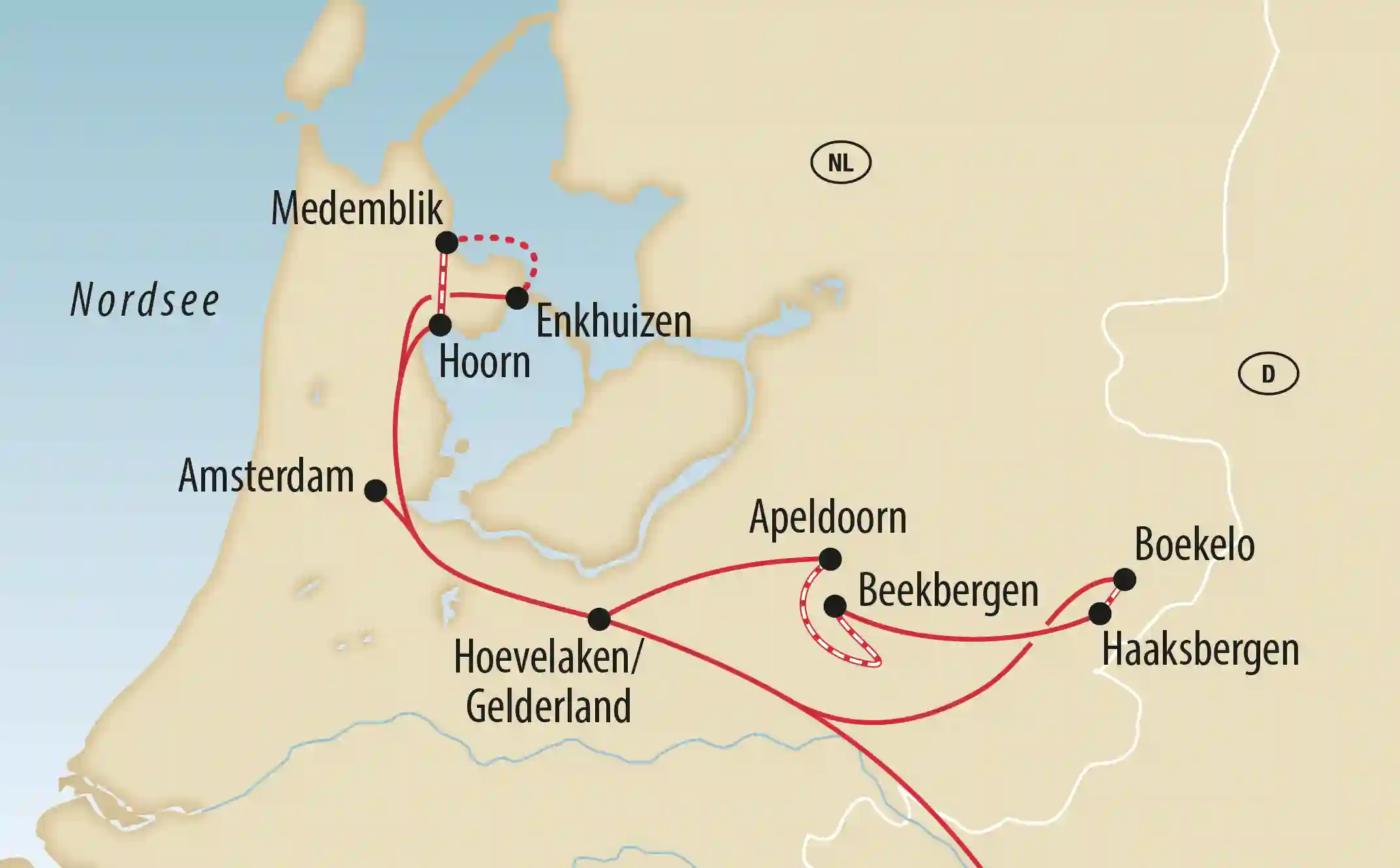 Übersichtskarte der Reiseroute durch die Niederlande mit markierten Orten