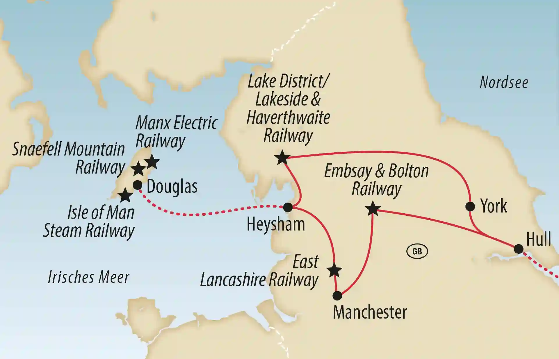 Übersichtskarte mit markierter Reiseroute zu historischen Bahnen, Inselstopp bei Douglas und Weiterreise über Nordengland