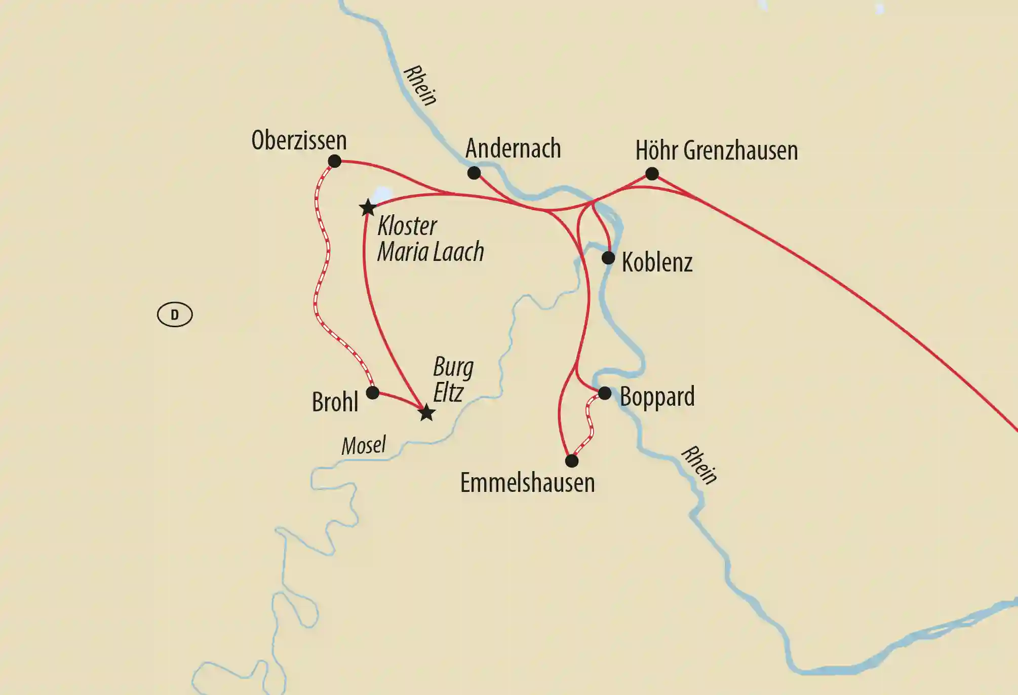 Übersichtskarte der Reiseroute durch die Eifel mit Stationen wie Koblenz, Andernach, Maria Laach und Burg Eltz
