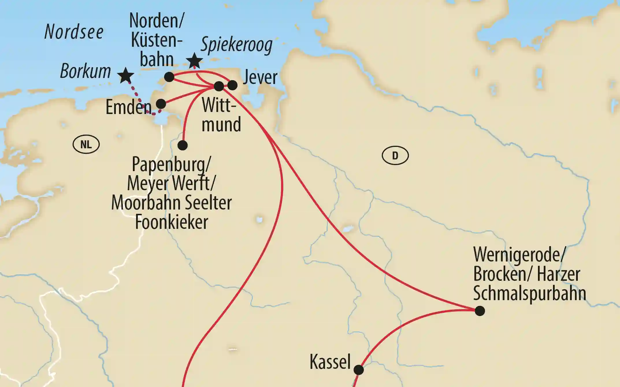 Karte zeigt Bahnstrecken in Norddeutschland mit Orten wie Borkum, Emden, Wittmund, Kassel und Wernigerode