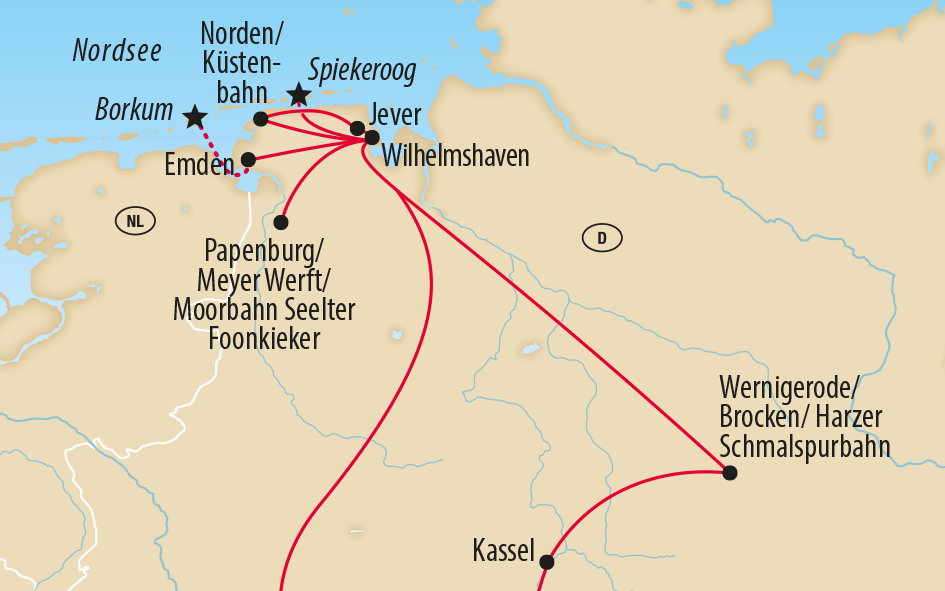Karte zeigt Bahnstrecken in Norddeutschland mit Orten wie Borkum, Emden, Wittmund, Kassel und Wernigerode