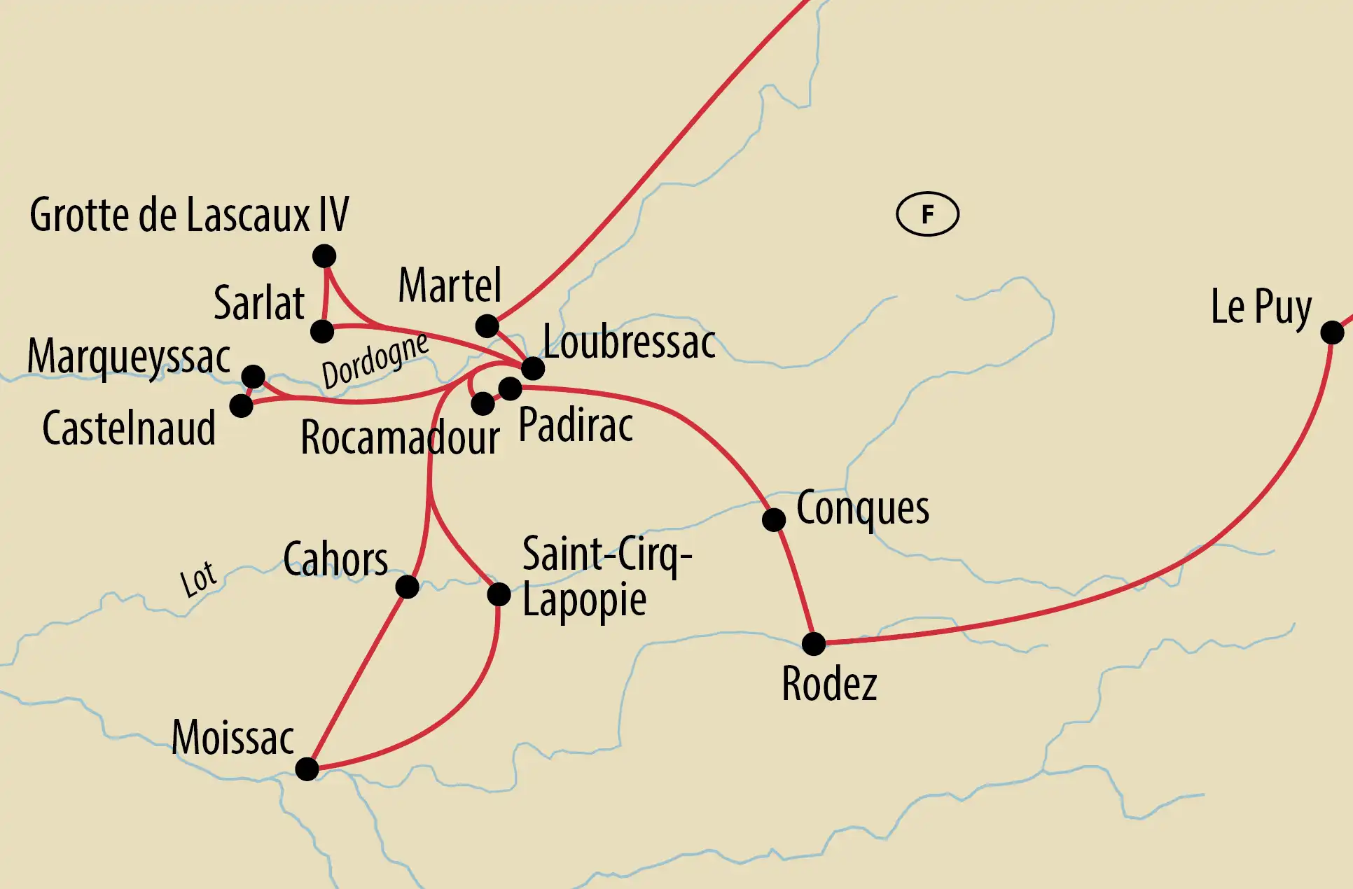 Carte indiquant un itineraire en lignes rouges avec des etapes comme Sarlat, Rocamadour, Padirac, Cahors et Rodez