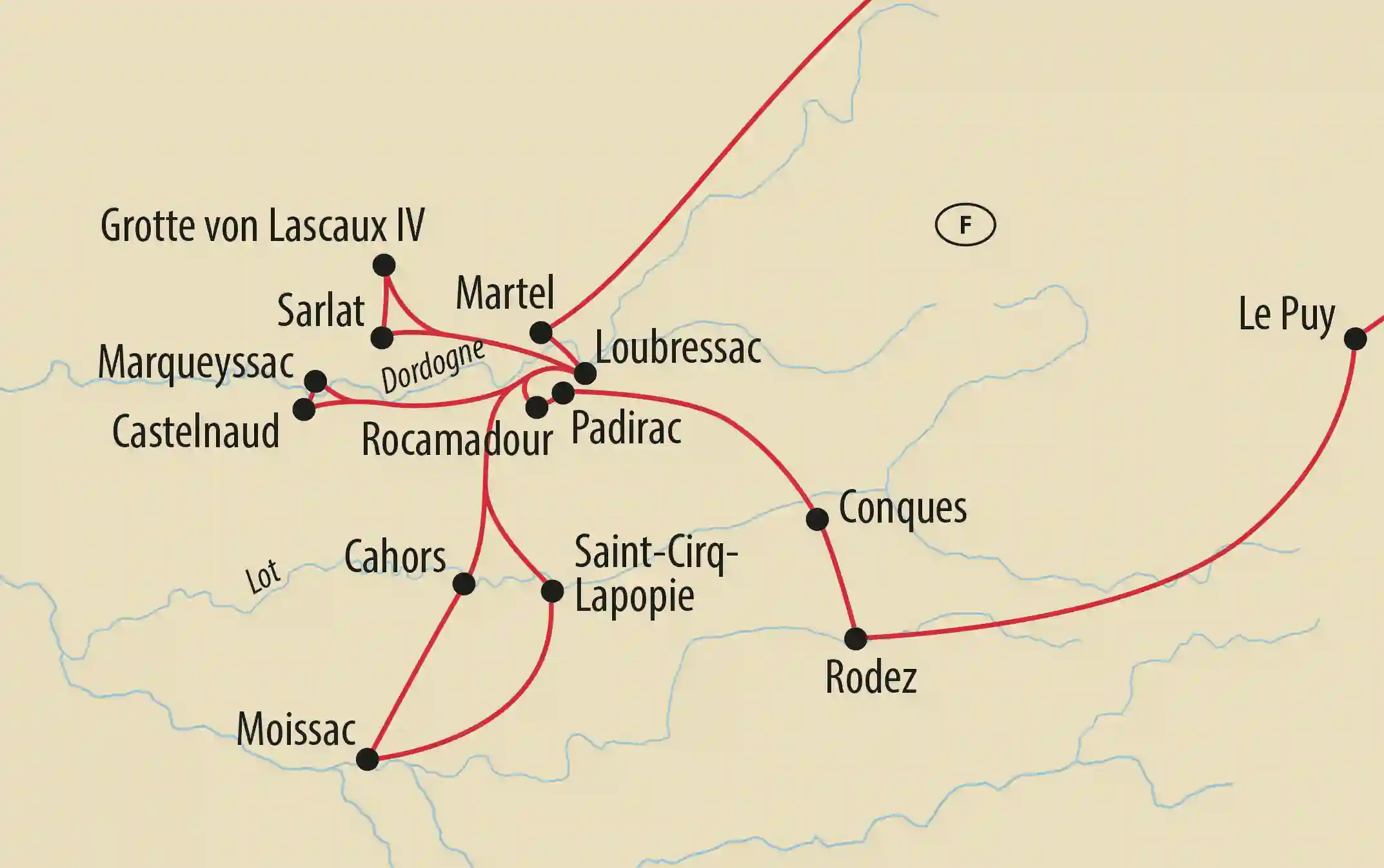 Karte zeigt Reiseroute mit roten Linien und Orten wie Sarlat, Rocamadour, Padirac, Cahors und Rodez