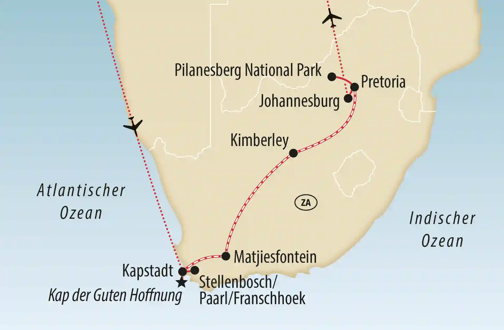 Karte von Südafrika mit markierter Route zwischen Kapstadt, Pretoria, Johannesburg, Kimberley und weiteren Stationen