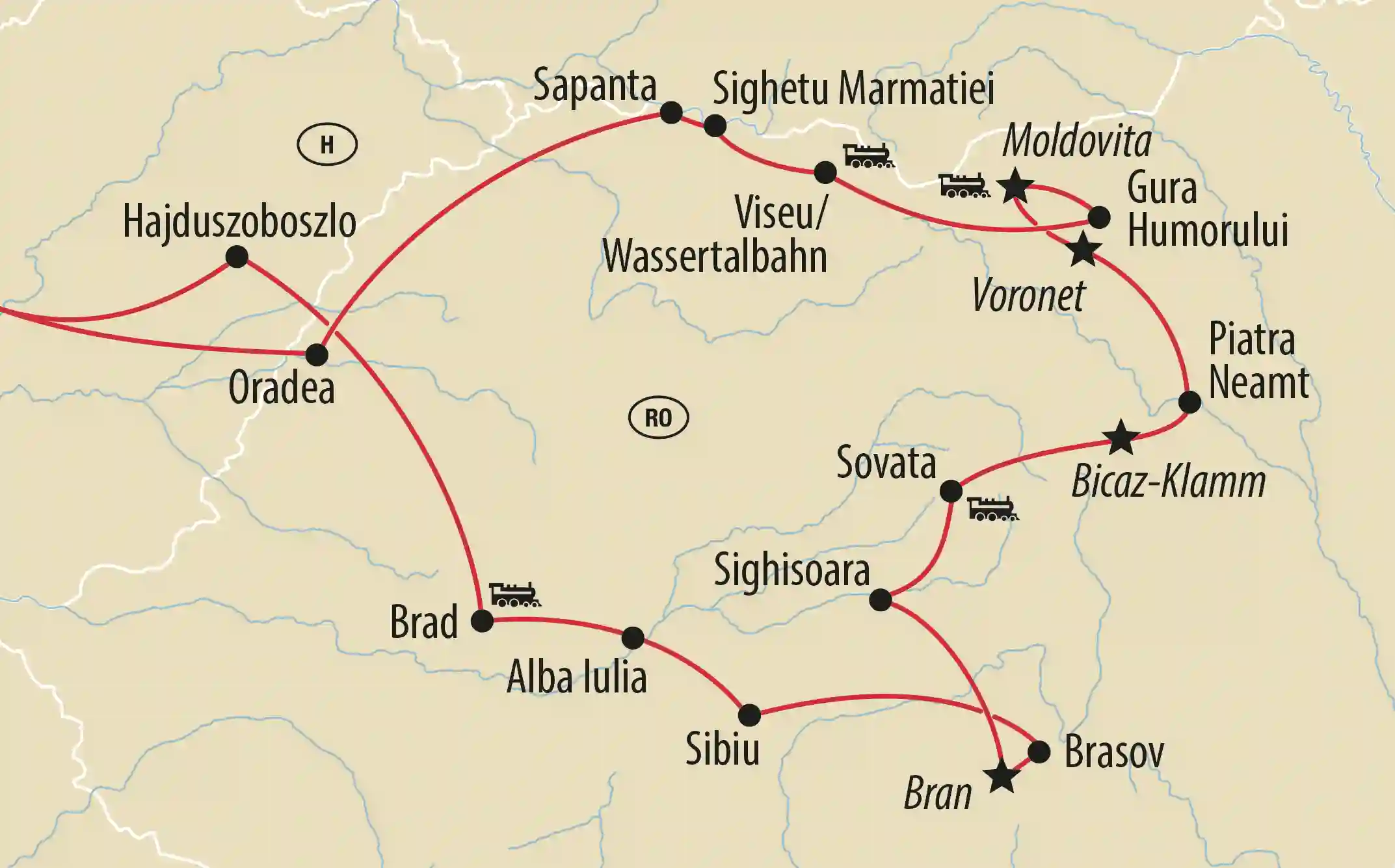 Übersichtskarte einer Rundreise durch Rumänien mit markierten Orten und Routenlinie, inklusive Symbolen für Bahnstrecken