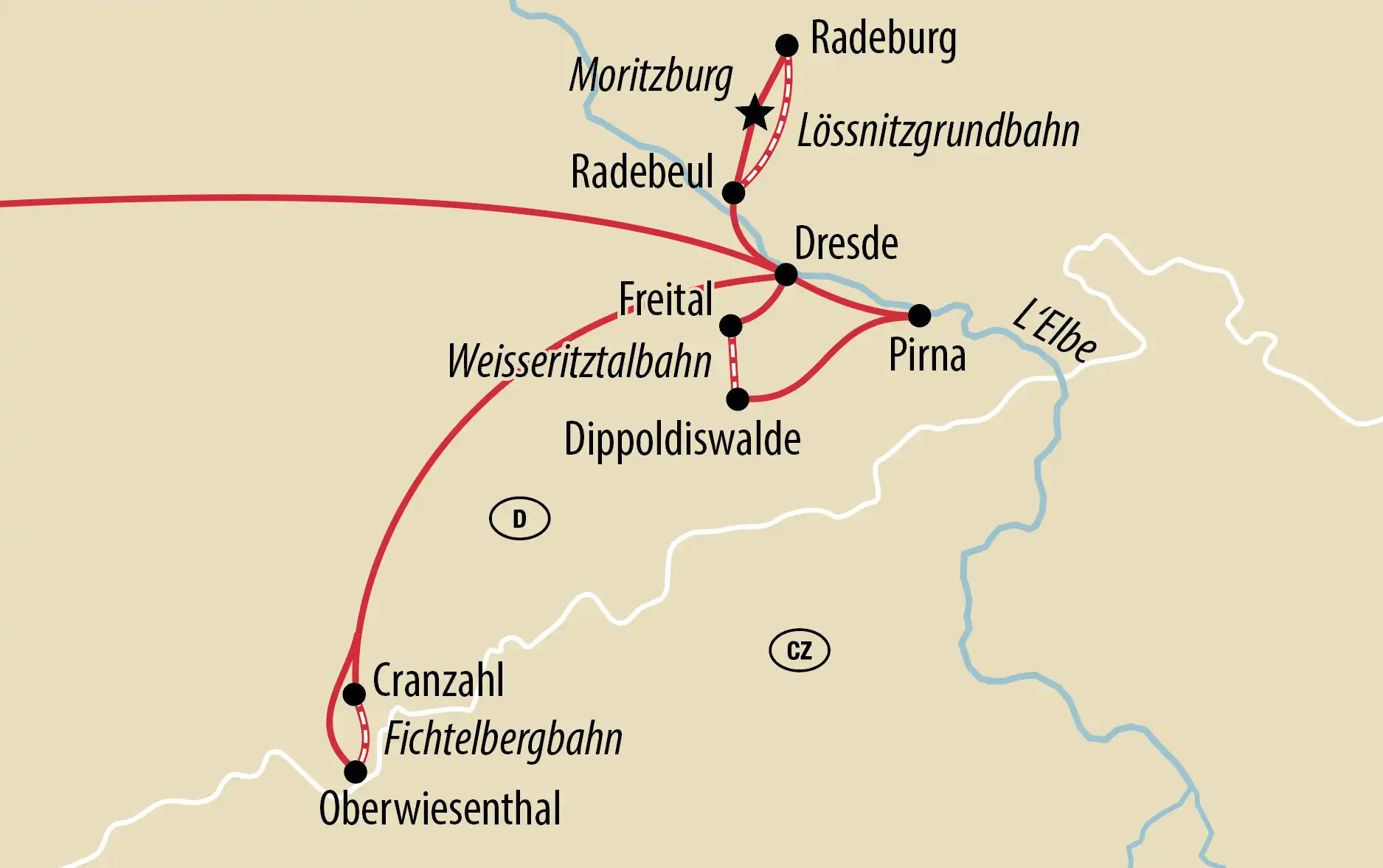Carte de la Saxe montrant les lignes ferroviaires entre Dresde, Radebeul, Moritzburg, Pirna et Oberwiesenthal avec rivières et villes indiquées
