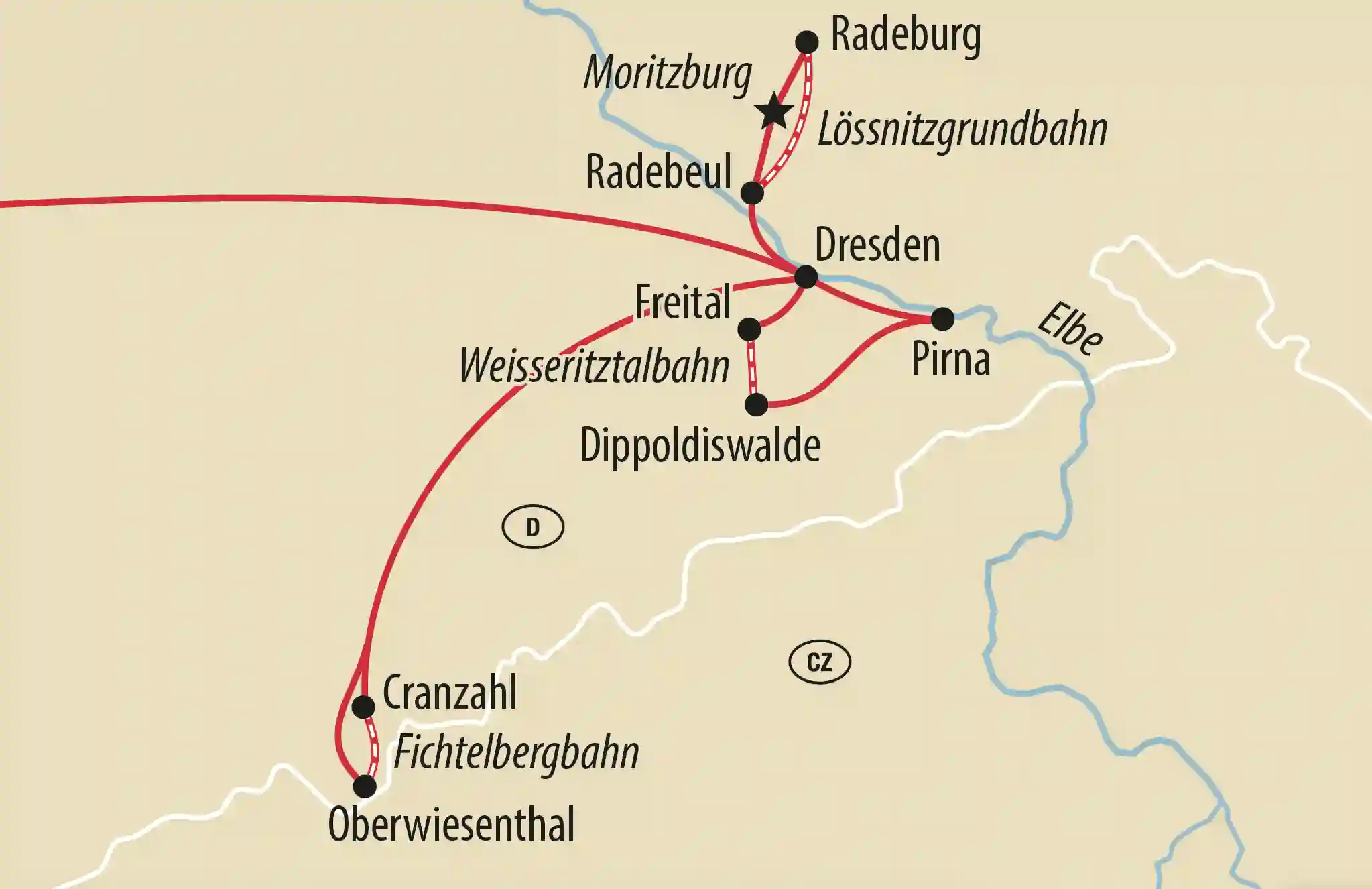 Kartenübersicht von Sachsen mit markierten Bahnstrecken zwischen Dresden, Radebeul, Moritzburg, Pirna und Oberwiesenthal sowie eingezeichneten Flussläufen und Ortsnamen