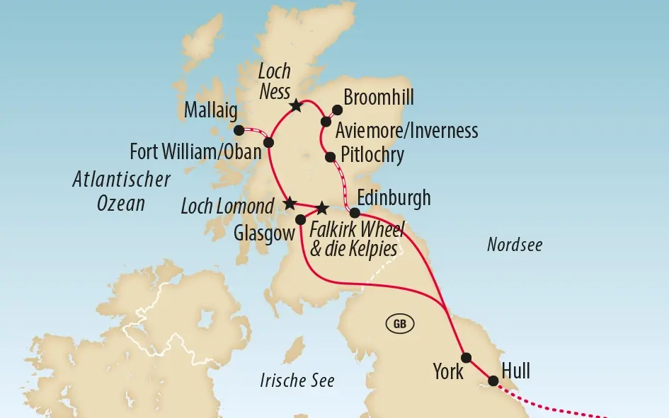 Übersichtskarte einer Rundreise durch Schottland mit markierten Städten Bahnstrecken und Sehenswuerdigkeiten
