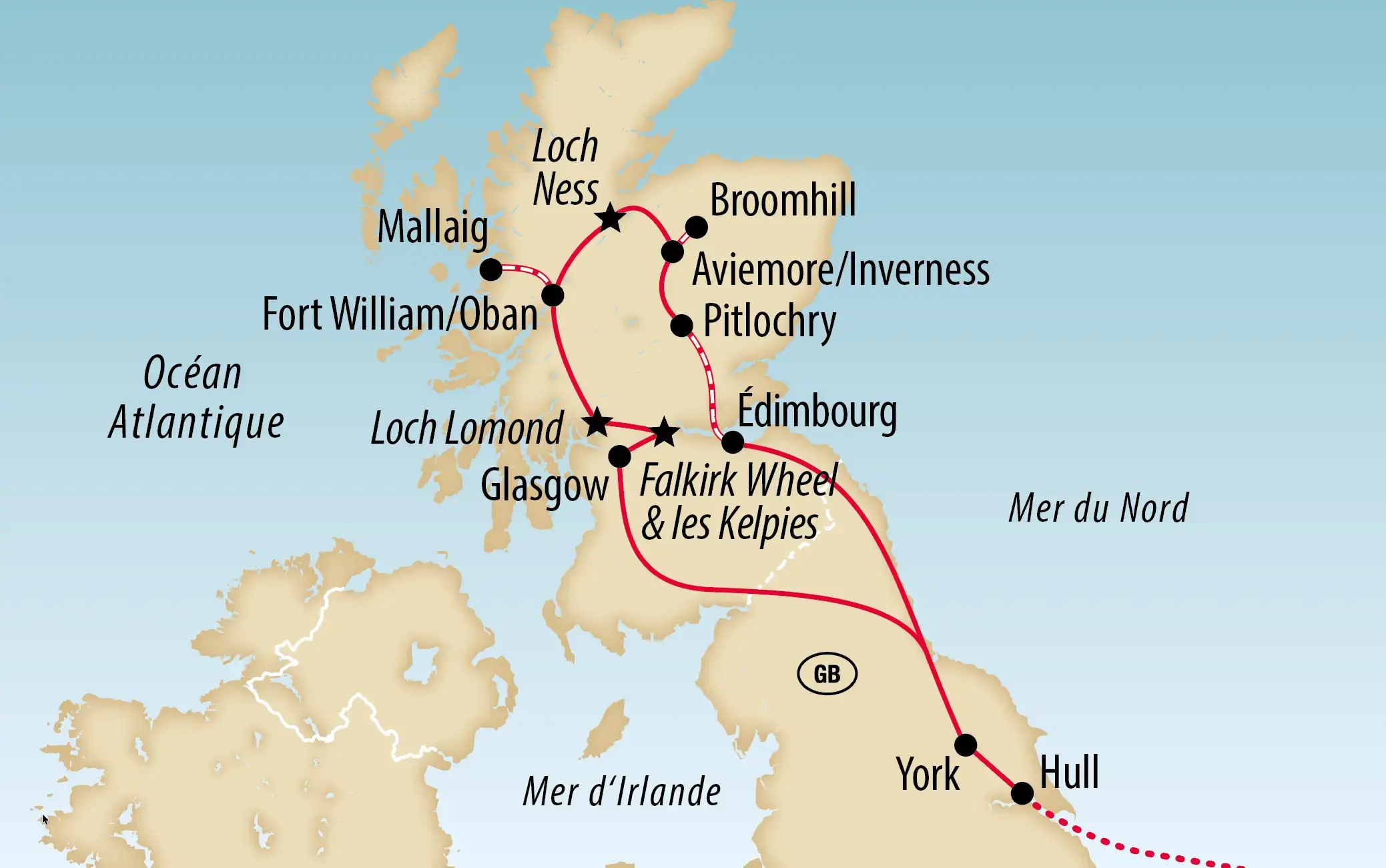 Carte d'ensemble d'un circuit en Écosse avec villes, parcours ferroviaires et sites touristiques indiqués