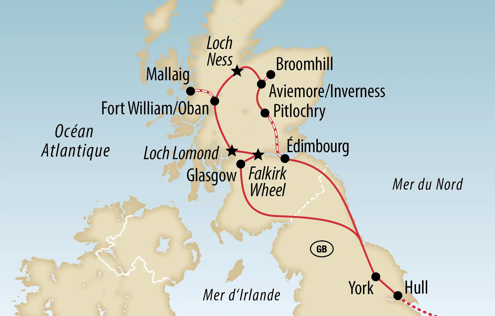 Carte d'ensemble d'un circuit en Écosse avec villes, parcours ferroviaires et sites touristiques indiqués