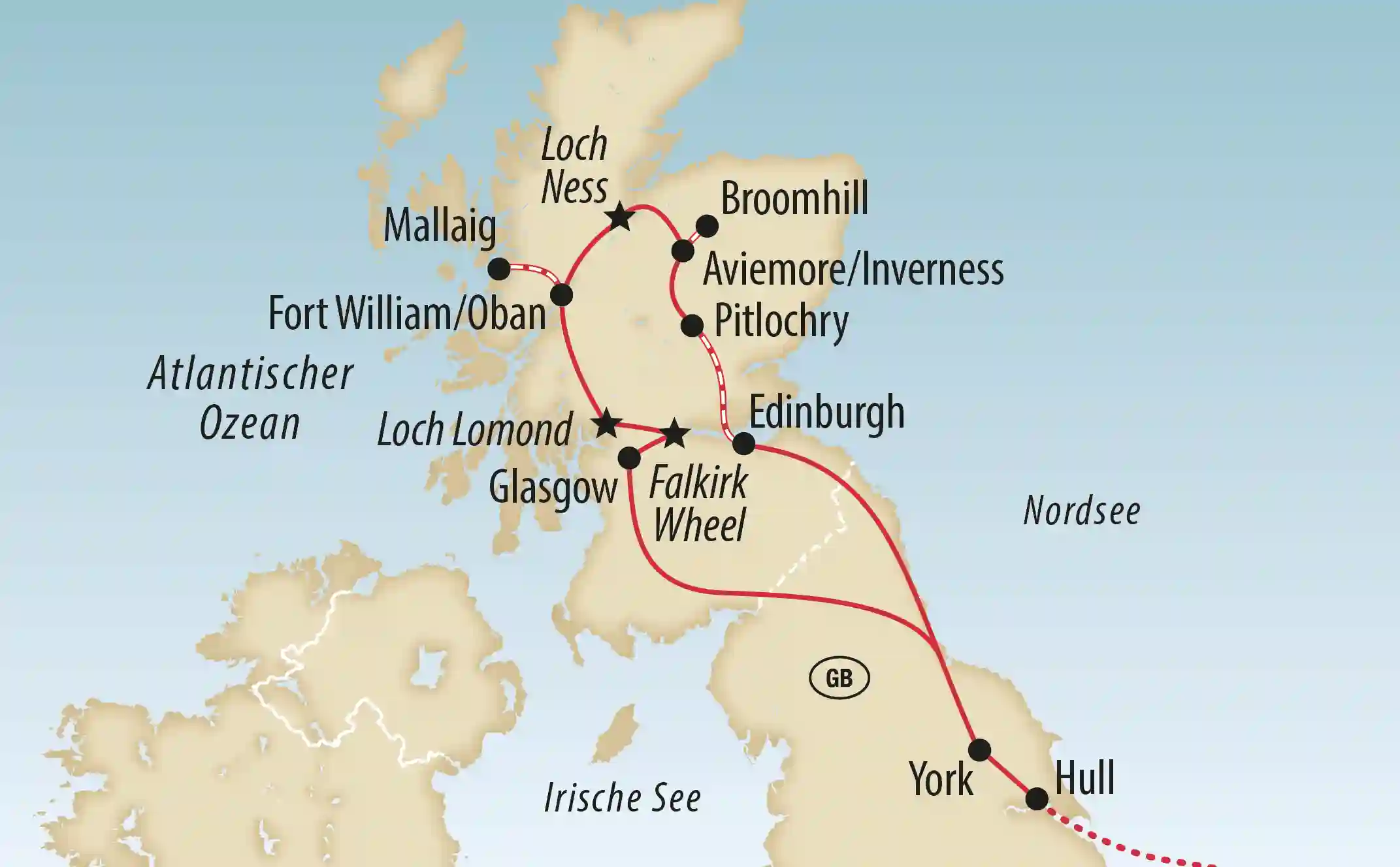 Übersichtskarte einer Rundreise durch Schottland mit markierten Städten Bahnstrecken und Sehenswuerdigkeiten