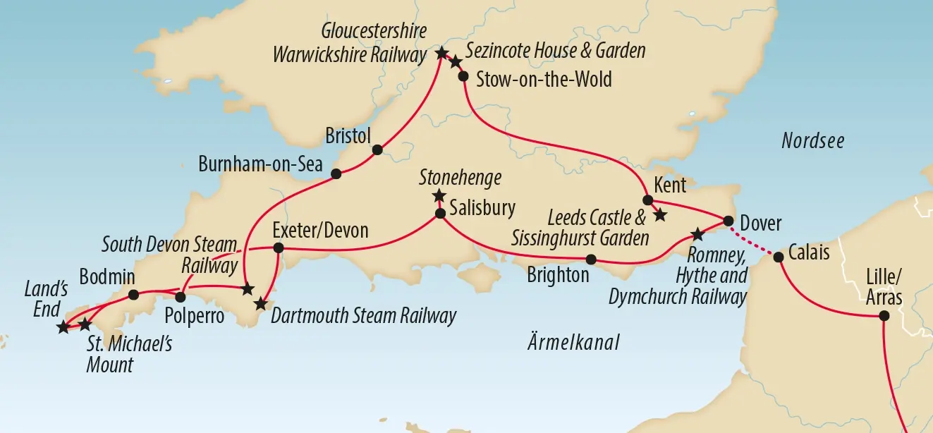 Illustrative Karte von Südengland mit Reiseroute, markierten Orten und Bahnstrecken