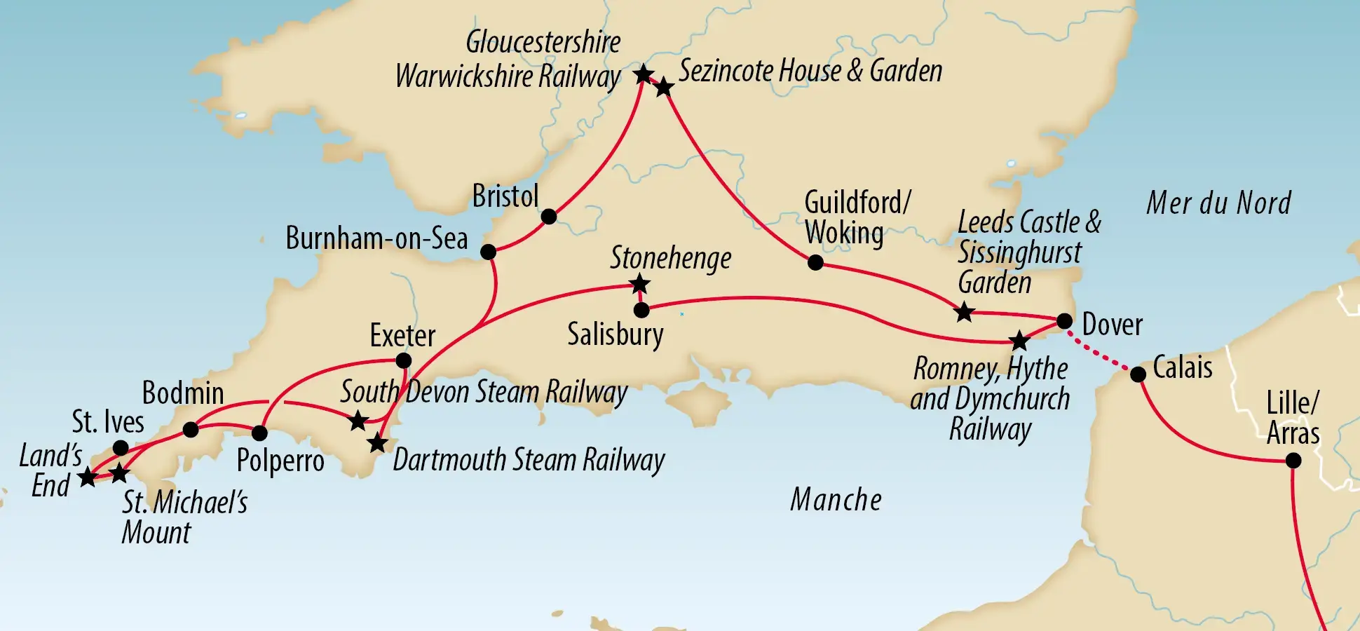 Carte illustrée du sud de l’Angleterre montrant un itinéraire de voyage avec villes et lignes ferroviaires