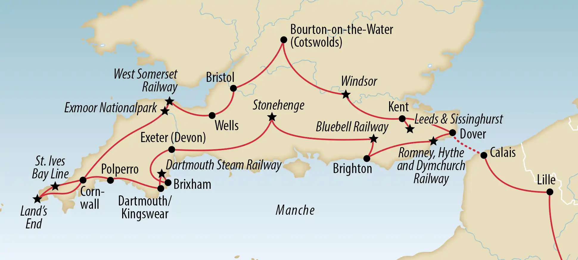 Carte illustrée du sud de l’Angleterre montrant un itinéraire de voyage avec villes et lignes ferroviaires