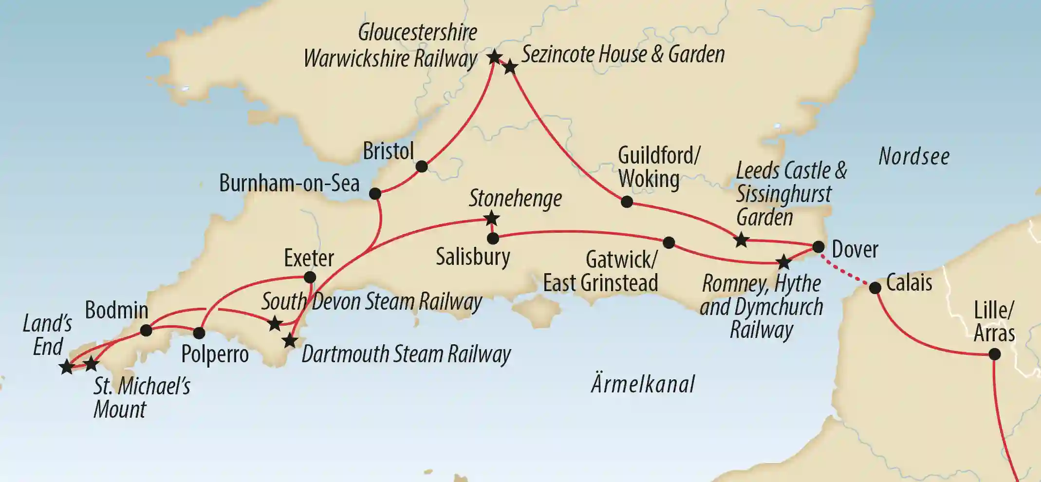Illustrative Karte von Südengland mit Reiseroute, markierten Orten und Bahnstrecken