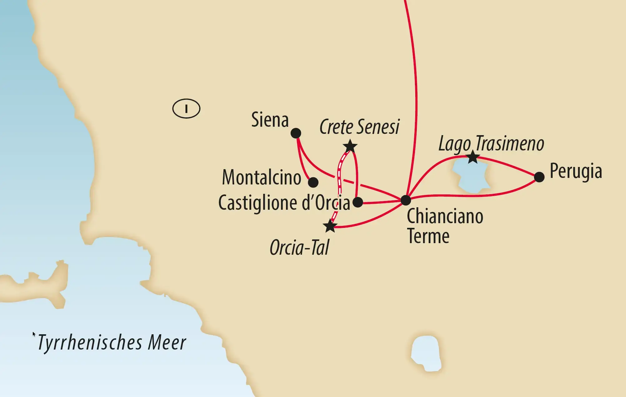 Übersichtskarte der Reiseroute durch die Toskana und Umbrien mit Stationen wie Siena, Perugia, Val d Orcia und Lago Trasimeno