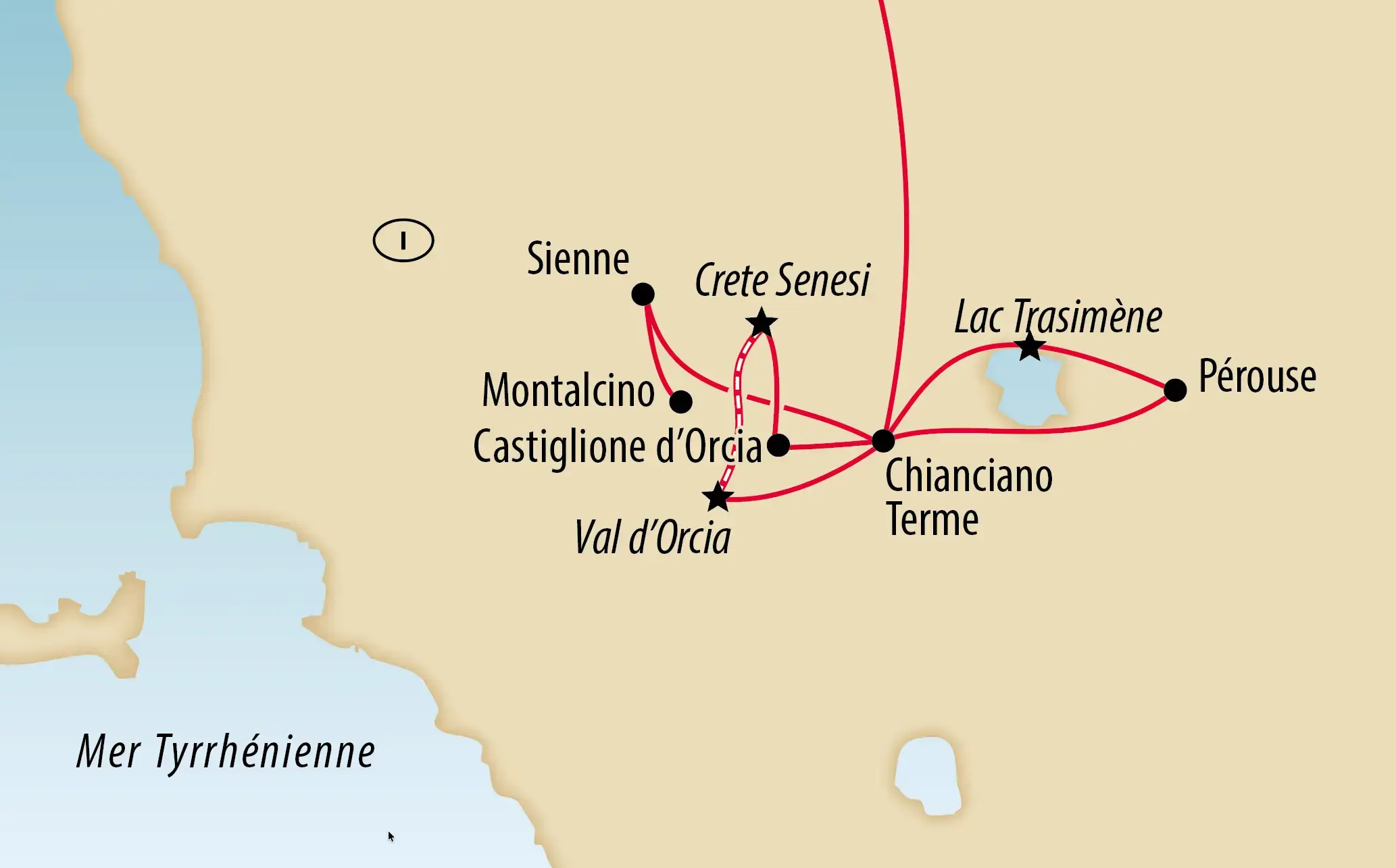Carte d ensemble de l itinéraire en Toscane et en Ombrie avec des étapes comme Sienne, Perugia, le Val d Orcia et le lac Trasimène