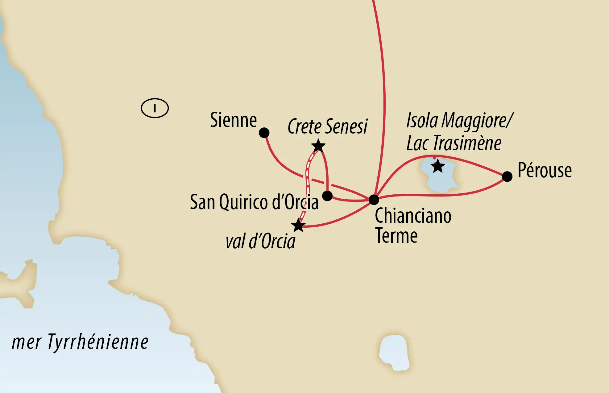 Carte d ensemble de l itinéraire en Toscane et en Ombrie avec des étapes comme Sienne, Perugia, le Val d Orcia et le lac Trasimène