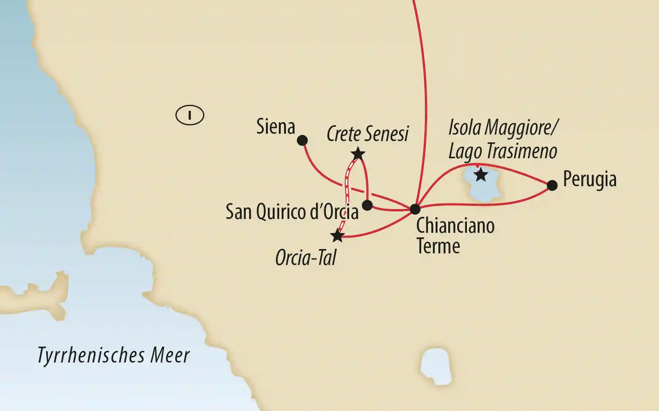 Übersichtskarte der Reiseroute durch die Toskana und Umbrien mit Stationen wie Siena, Perugia, Val d Orcia und Lago Trasimeno