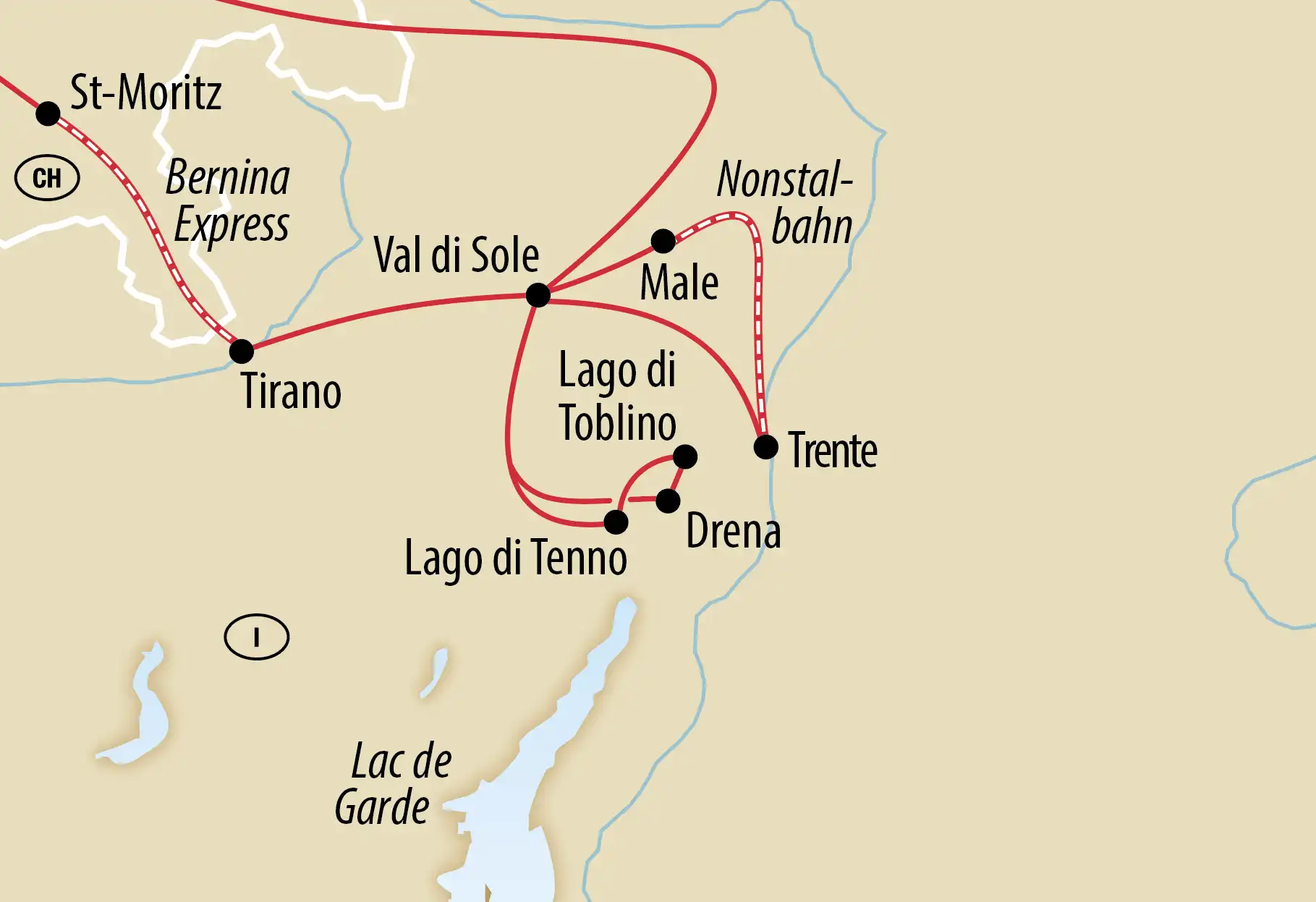 Carte d ensemble montrant l itinéraire de St. Moritz via le Bernina Express jusqu à Tirano puis à travers le Val di Sole vers le lac de Garde.