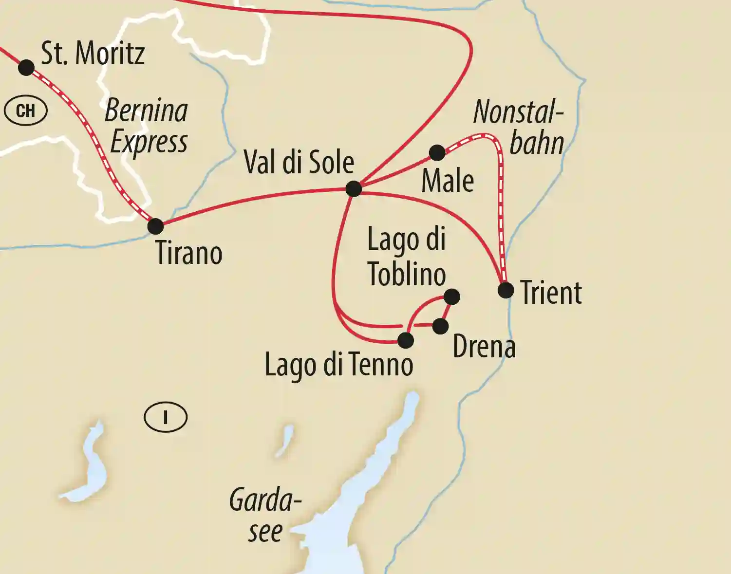 Übersichtskarte mit Reiseroute von St. Moritz über den Bernina Express nach Tirano sowie weiter durch das Val di Sole bis zum Gardasee.