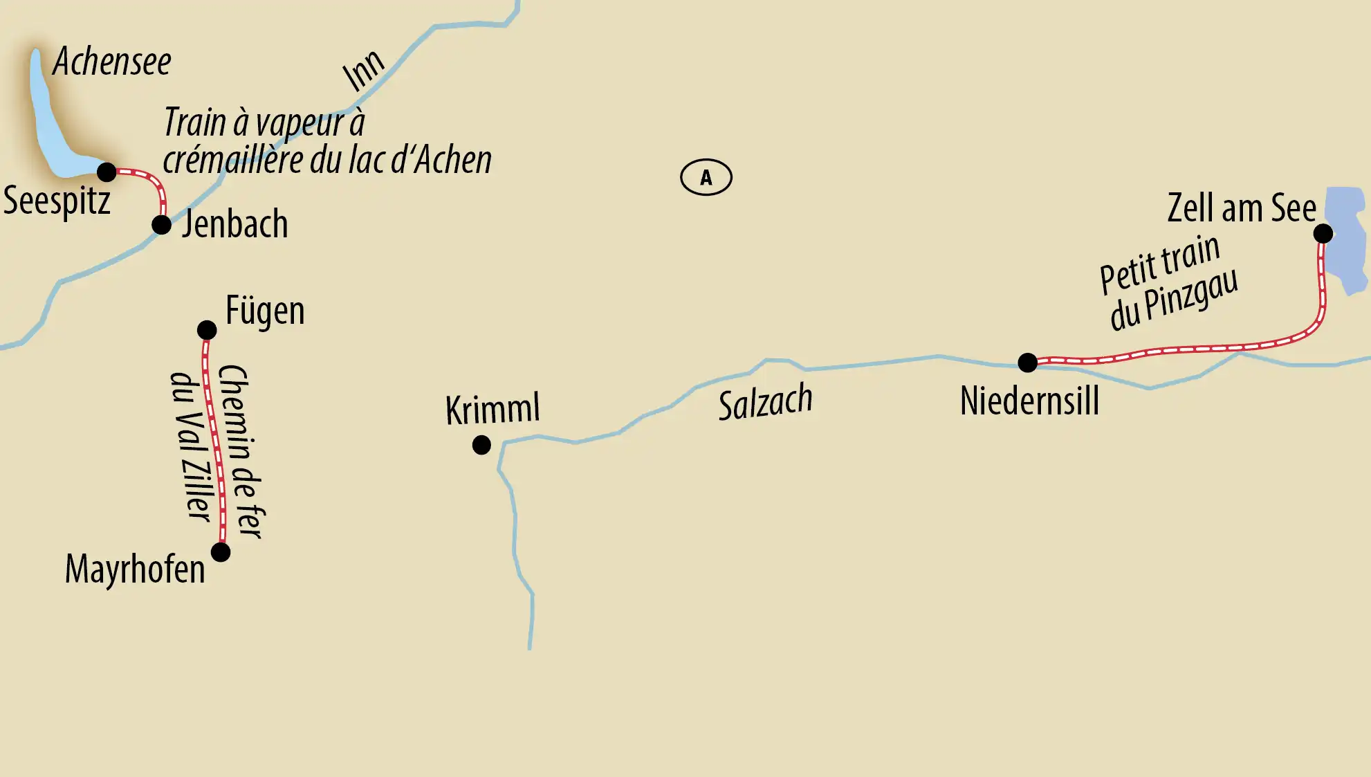 Carte simplifiée présentant des liaisons ferroviaires à travers les régions alpines autrichiennes