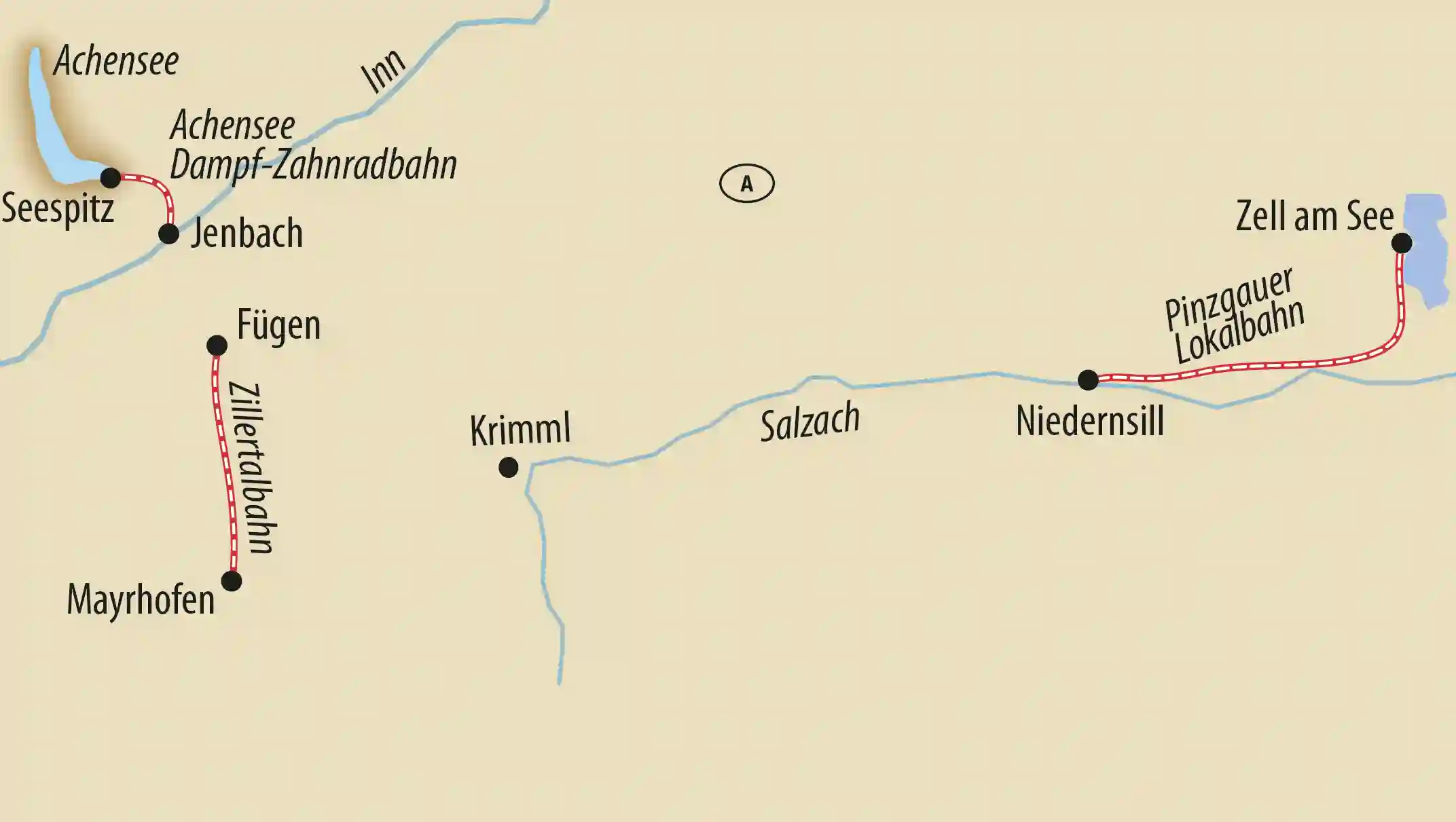 Karte zeigt Bahnstrecken am Achensee im Zillertal und im Pinzgau