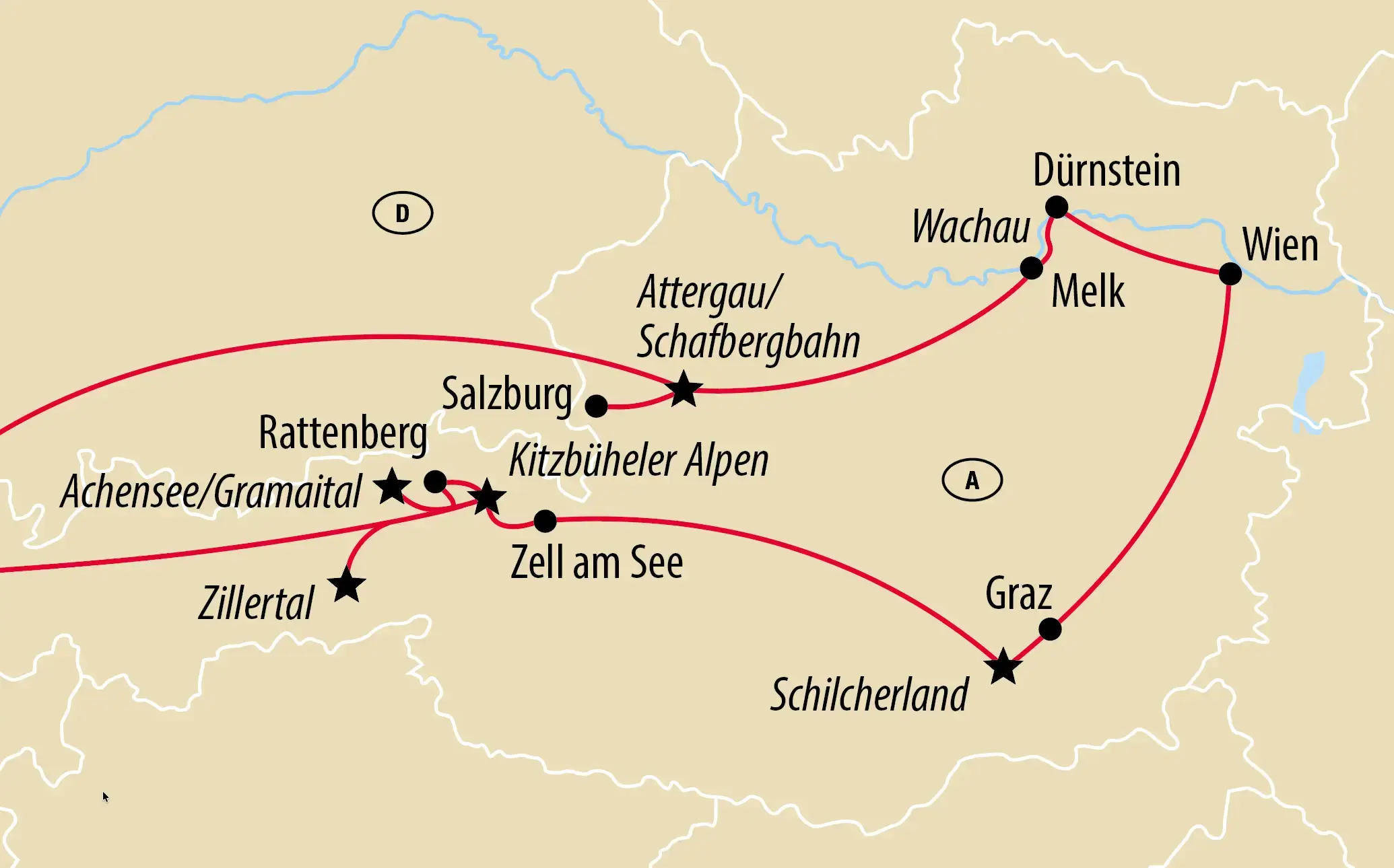 Karte der Reiseroute durch Österreich mit Wien, Wachau, Salzburg, Tirol, Zell am See und Graz.