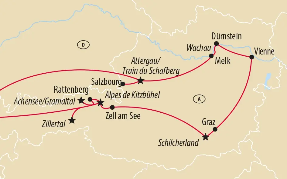 Carte de l’itinéraire à travers l’Autriche avec Vienne, la Wachau, Salzbourg, le Tyrol, Zell am See et Graz.