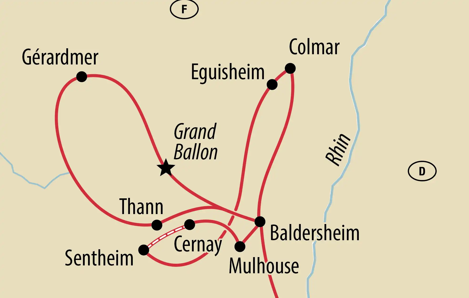 Carte schématique présentant un itinéraire de voyage en Alsace avec des étapes comme Colmar, Eguisheim, Mulhouse et le Grand Ballon