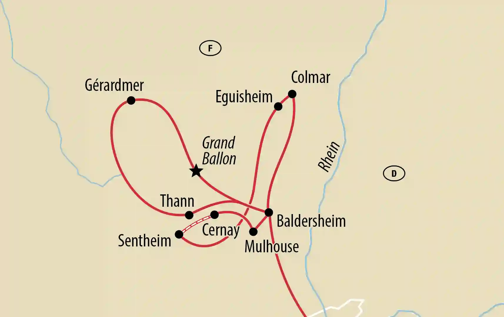 Schematische Karte mit Reiseroute durch das Elsass mit Stationen wie Colmar, Eguisheim, Mulhouse und Grand Ballon