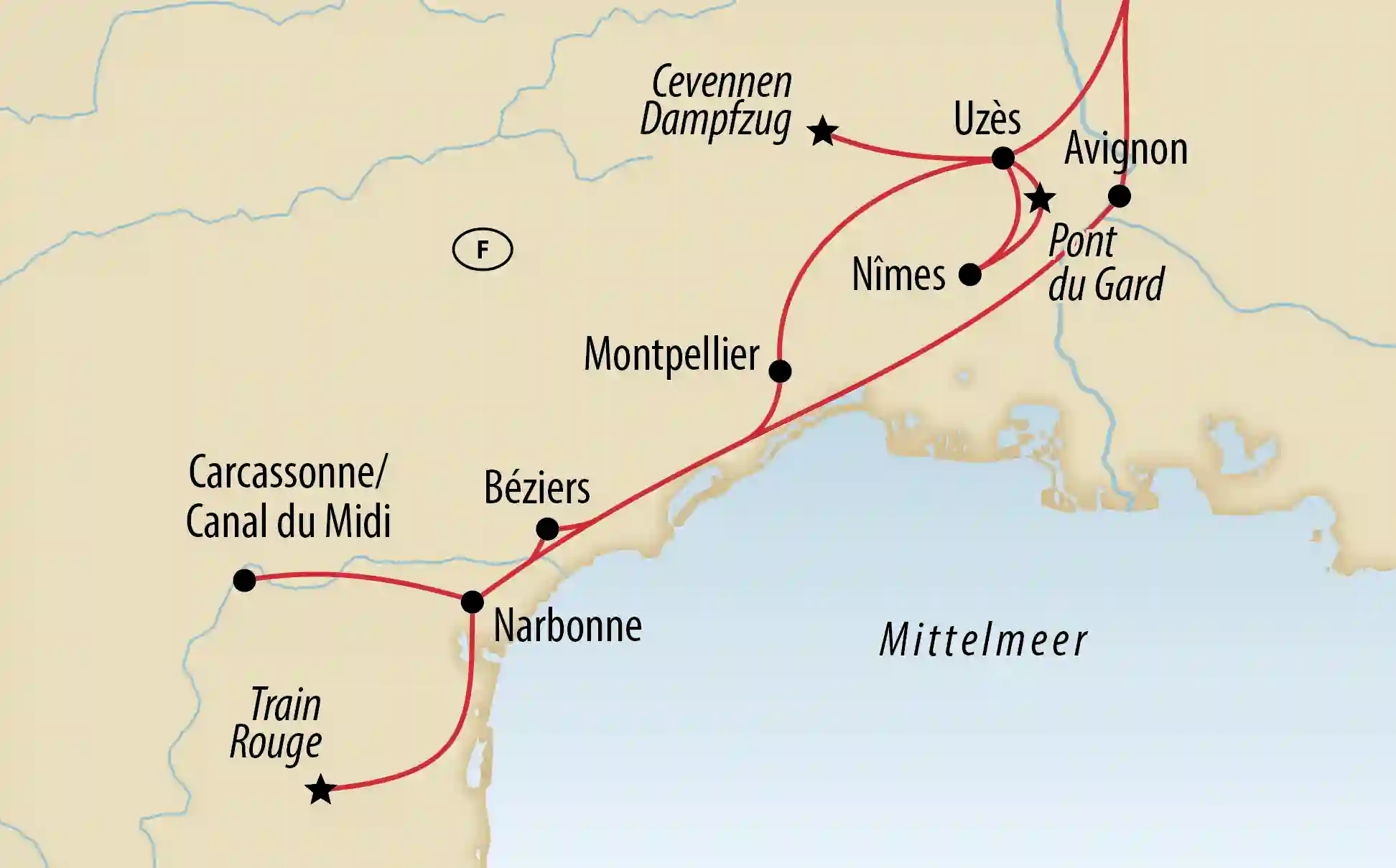 Übersichtskarte der Reiseroute durch Südfrankreich mit Stationen wie Avignon, Nîmes, Pont du Gard, Montpellier und Carcassonne