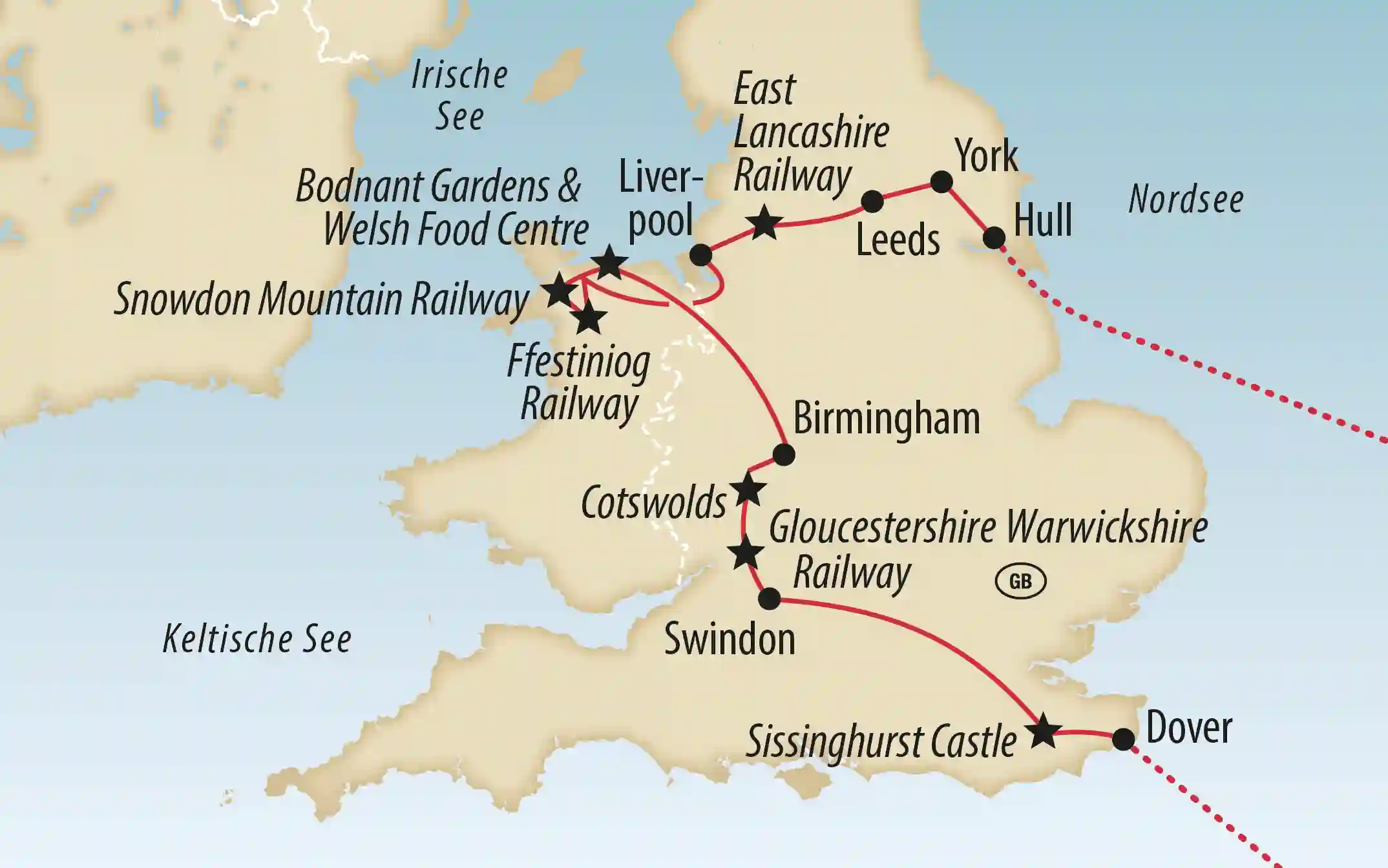 Karte einer Rundreise durch England und Wales mit Stationen wie Dover, Birmingham, Leeds und York sowie Bahnstrecken