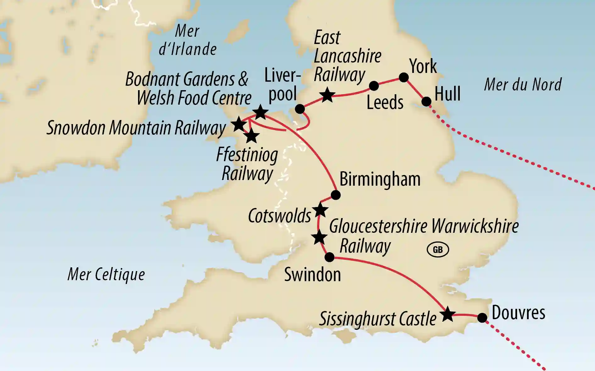 Carte d'un circuit en Angleterre et au pays de Galles avec étapes comme Dover, Birmingham, Leeds et York, lignes ferroviaires indiquées