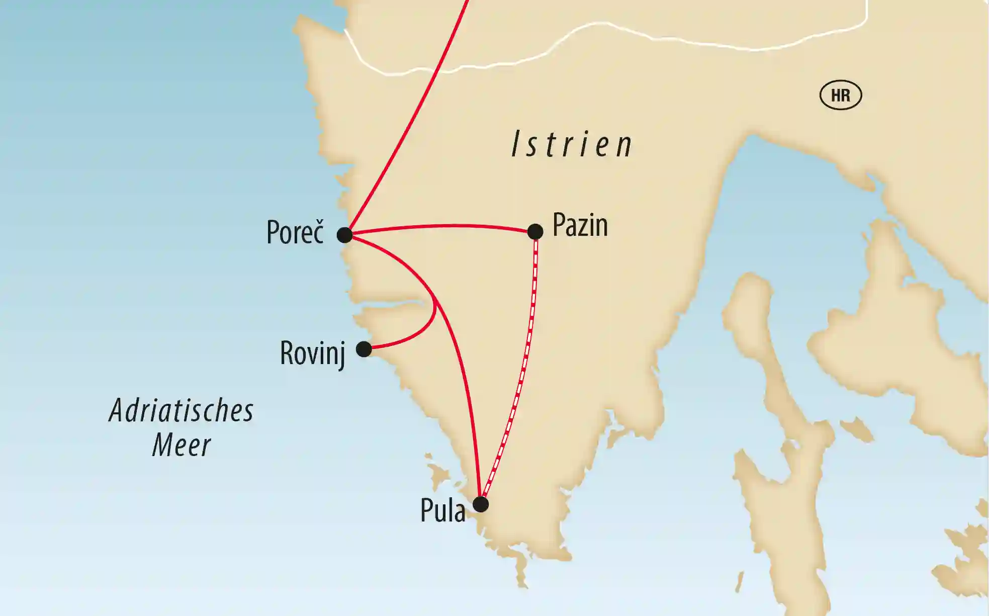 Übersichtskarte von Istrien mit markierten Reiserouten zwischen Poreč, Rovinj, Pazin und Pula