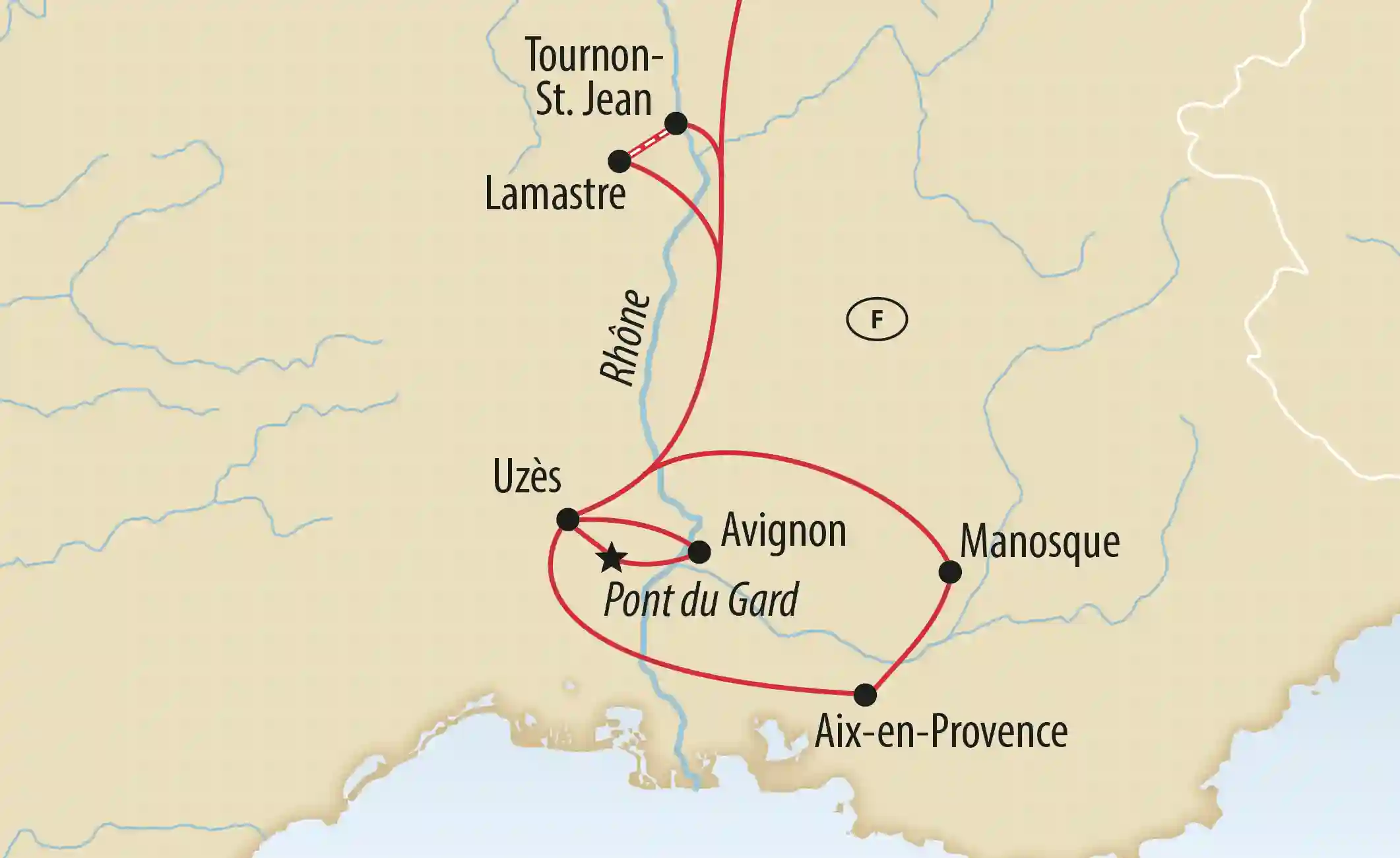 Carte de voyage de la Provence montrant un itinéraire le long du Rhône avec Avignon, Uzès et le Pont du Gard