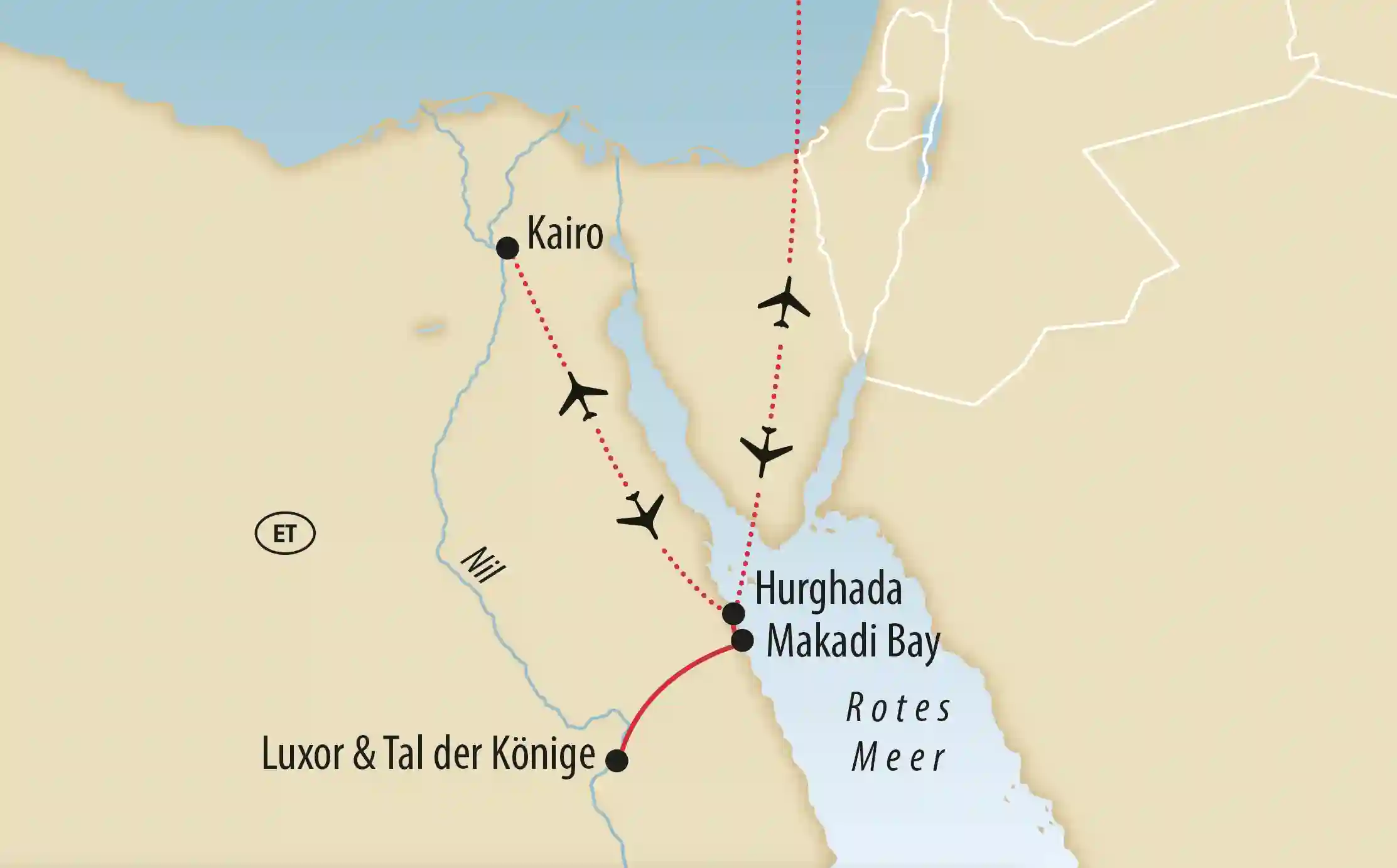 Karte von Ägypten mit markierten Flugrouten und Reisezielen wie Kairo, Luxor, Hurghada und Makadi Bay