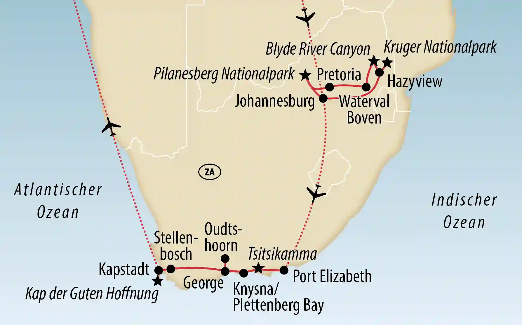 Übersichtskarte von Südafrika mit markierter Reiseroute durch Kapstadt Johannesburg den Kruger Nationalpark und die Küste