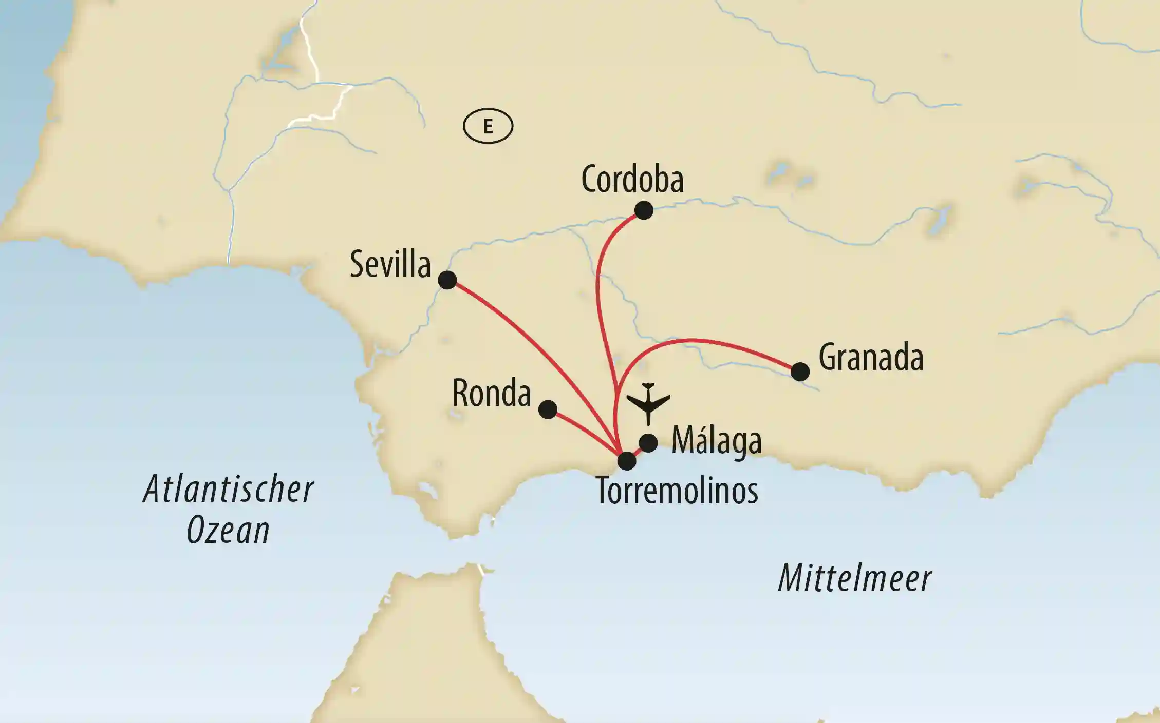 Karte mit Reiseroute durch Andalusien mit Stationen wie Sevilla Cordoba Granada und Malaga