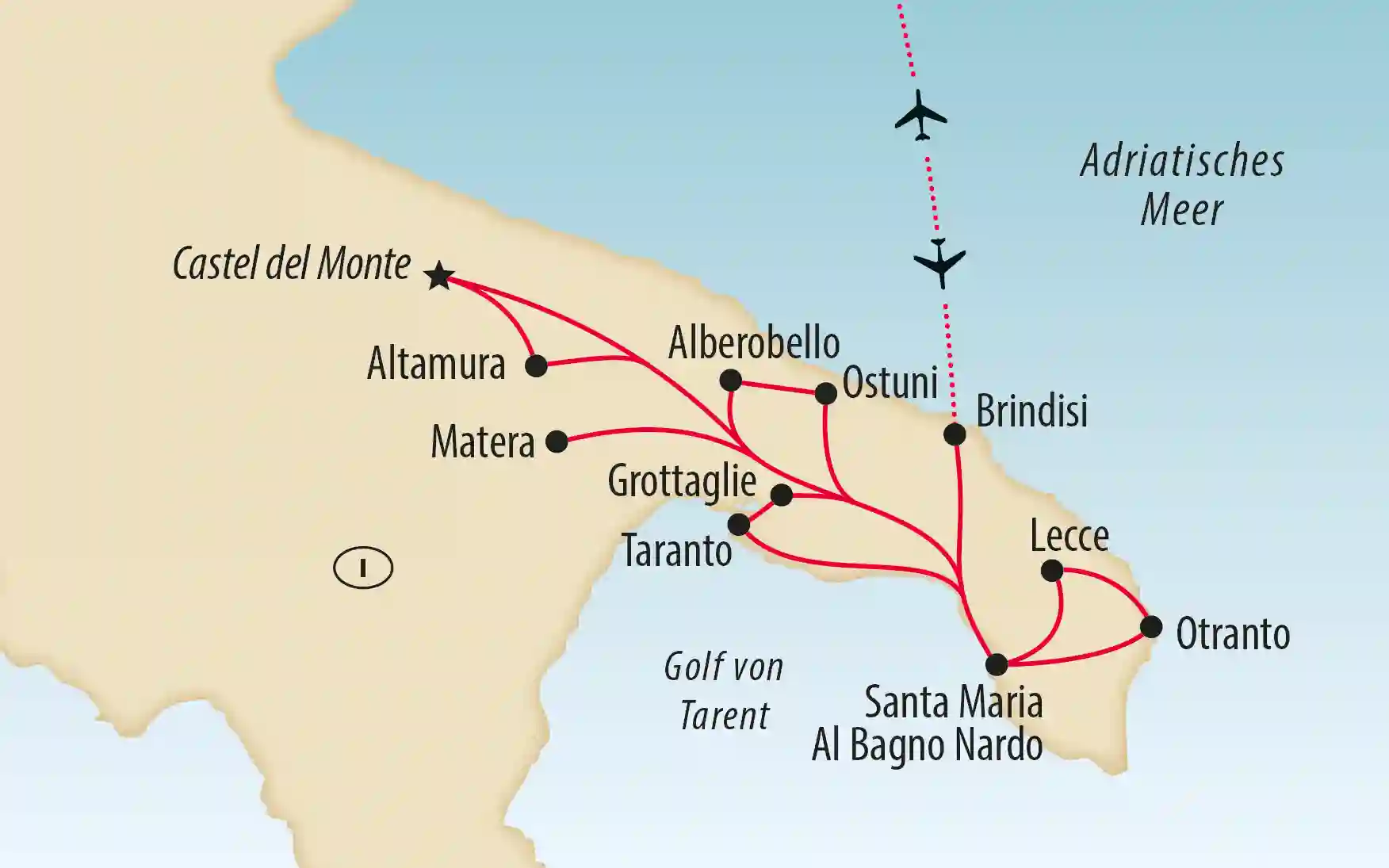 Übersichtskarte von Apulien mit markierter Reiseroute, Städten und Küsten am Adriatischen und Ionischen Meer