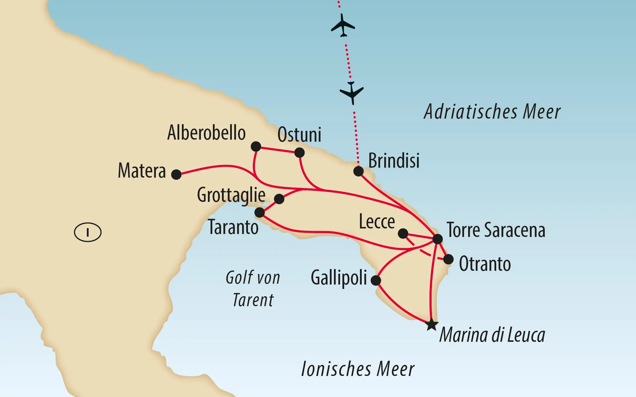 Übersichtskarte von Apulien mit markierter Reiseroute, Städten und Küsten am Adriatischen und Ionischen Meer